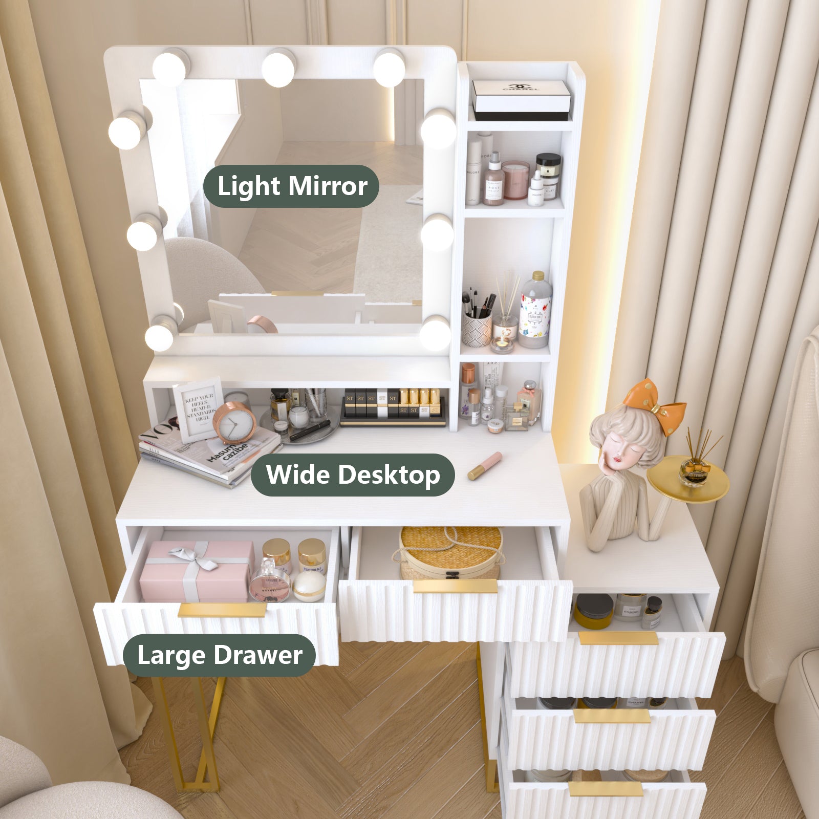 Makeup Vanity Desk With Mirror And Lights, Vanity Table, 5 Drawers, Side Cabinet, Storage Shelves For Bedroom, White White Drawer 5 Drawers & Above Bedroom Extra Deep Drawers Mdf