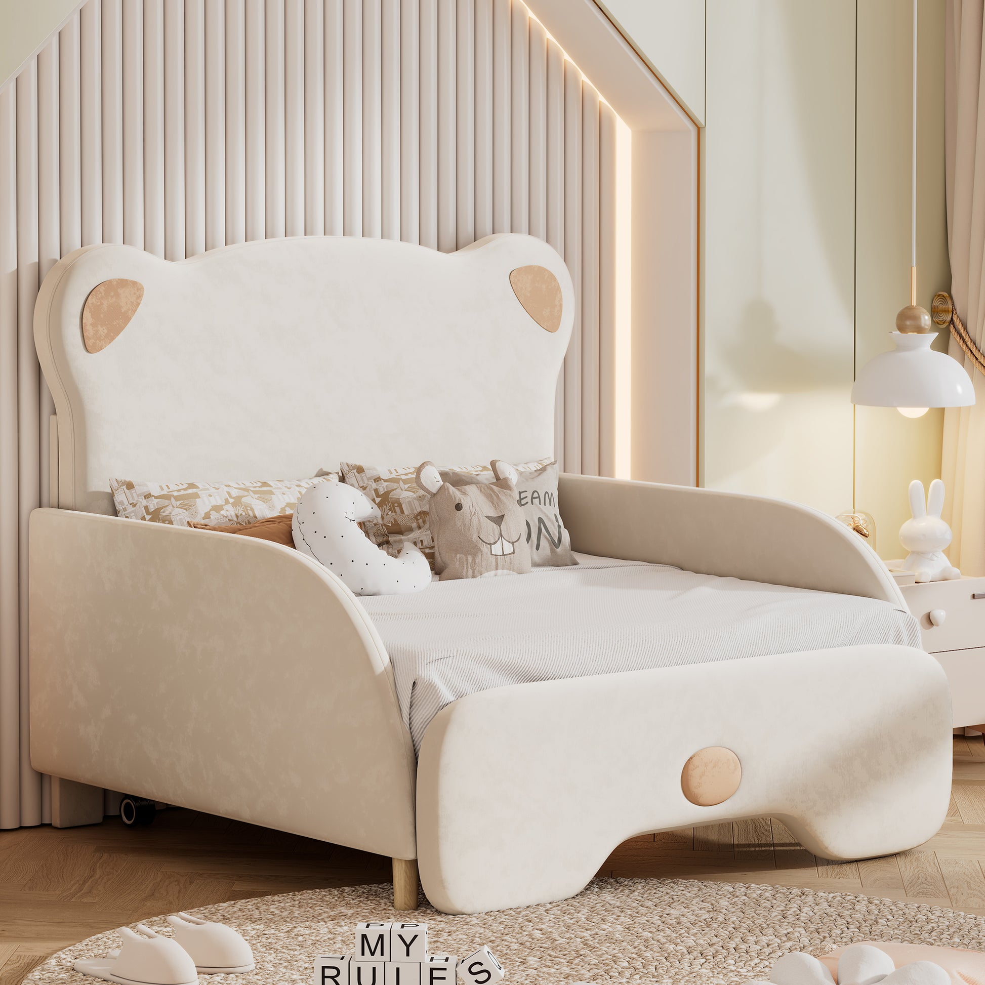 Twin Xl Size Upholstered Stretchable Vaulted Sofa Bed, Bear Shaped Headboard, Beige Expected Arrival Time: 10.3 Box Spring Not Required Twin Xl Beige Wood Bedroom Bed Frame Upholstered