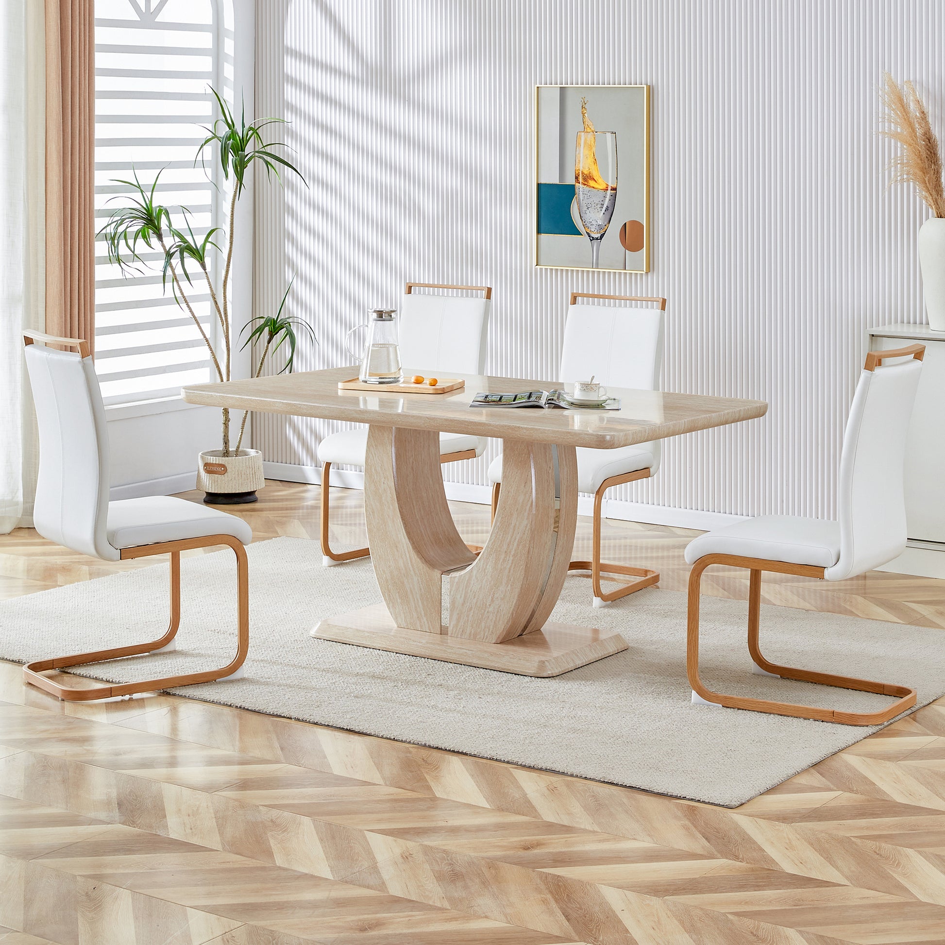 Table And Chair Set. Modern Minimalist Luxury Mdf Rectangular Dining Table With Textured Stickers On The Table And 4 Pu Synthetic Leather High Back Upholstered Side Chairs. White Seats 4 Mdf