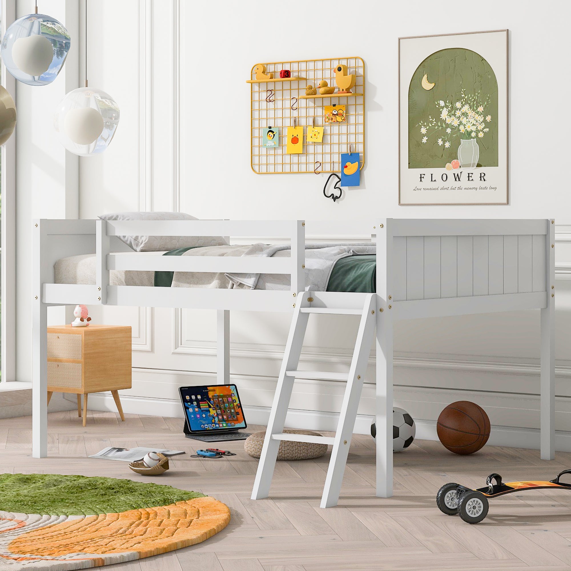 Full Size Wood Low Loft Bed With Ladder, Ladder Can Be Placed On The Left Or Right, White Oid Sku: Gx000366Aak Box Spring Not Required Full White Wood Bedroom Solid Wood Mdf