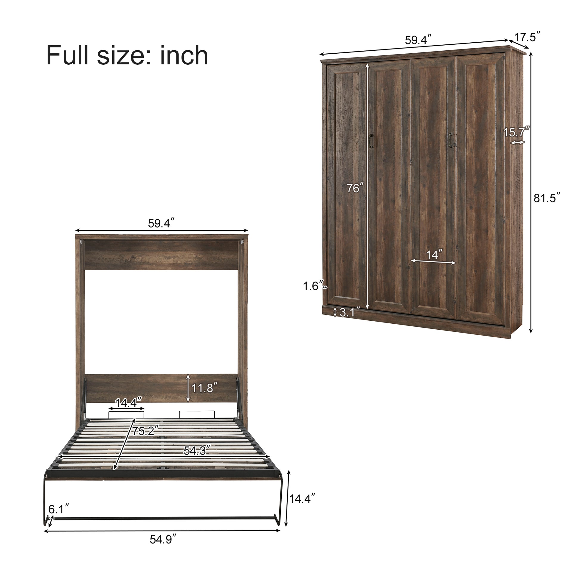 Full Size Half Self Close And Open Murphy Bed With 2 Side Cabinet Storage Shelf, Cabinet Space Saving Bed Perfect For Guest Room, Bed Room, Guest Room, Home Office, Brown Box Spring Not Required Full Brown Wood Brown Pine Murphy Solid Wood Mdf