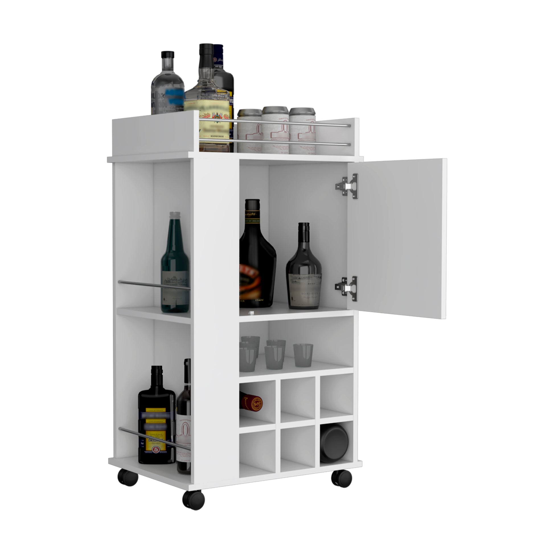 Fargo Bar Cart With Cabinet, 6 Built In Wine Rack And Casters White Primary Living Space Modern Particle Board Shelves Included Engineered Wood