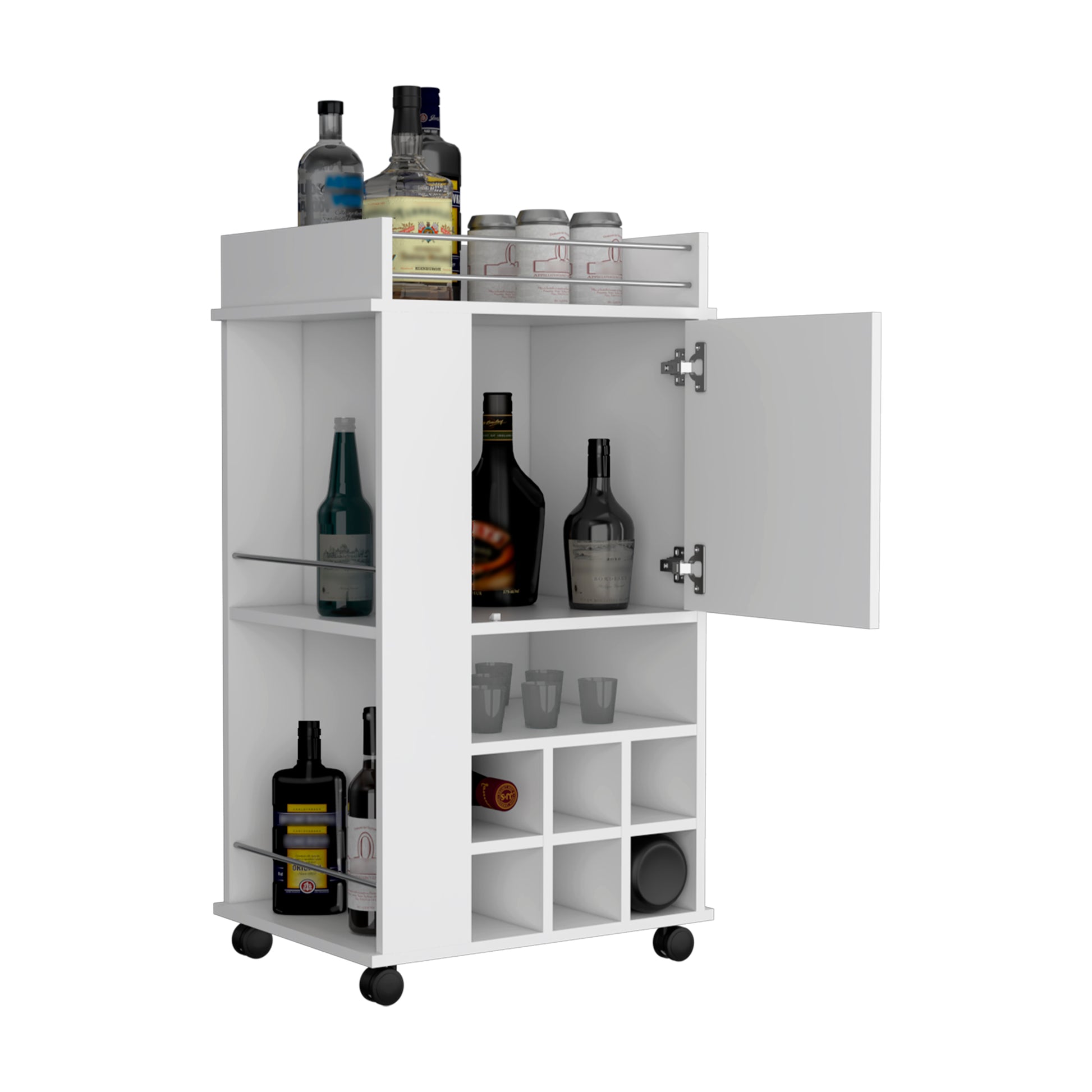 Fargo Bar Cart With Cabinet, 6 Built In Wine Rack And Casters White Primary Living Space Modern Particle Board Engineered Wood