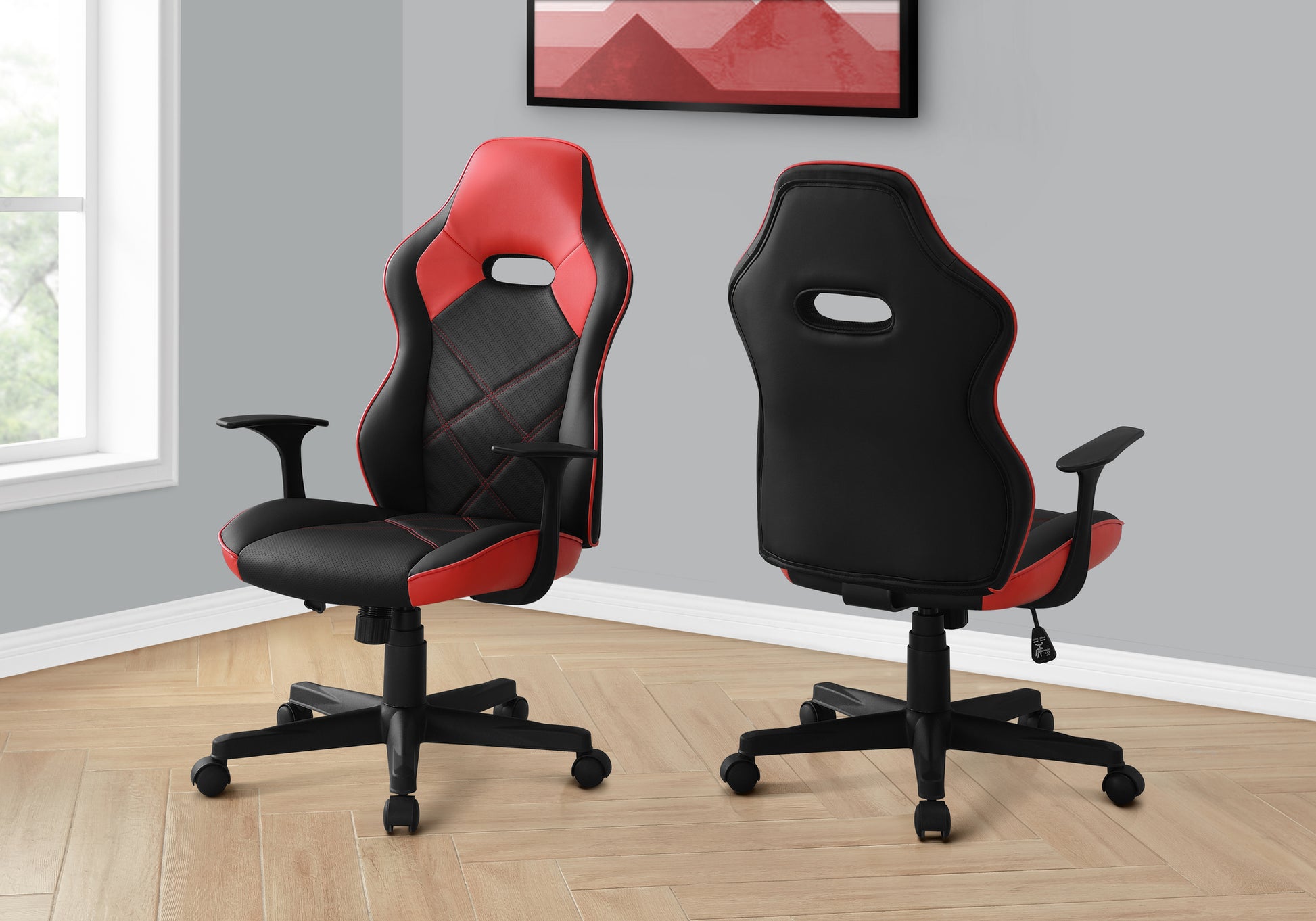 Office Chair, Gaming, Adjustable Height, Swivel, Ergonomic, Armrests, Computer Desk, Work, Black And Red Leather Look, Black Metal, Contemporary, Modern Black Foam Polyurethane