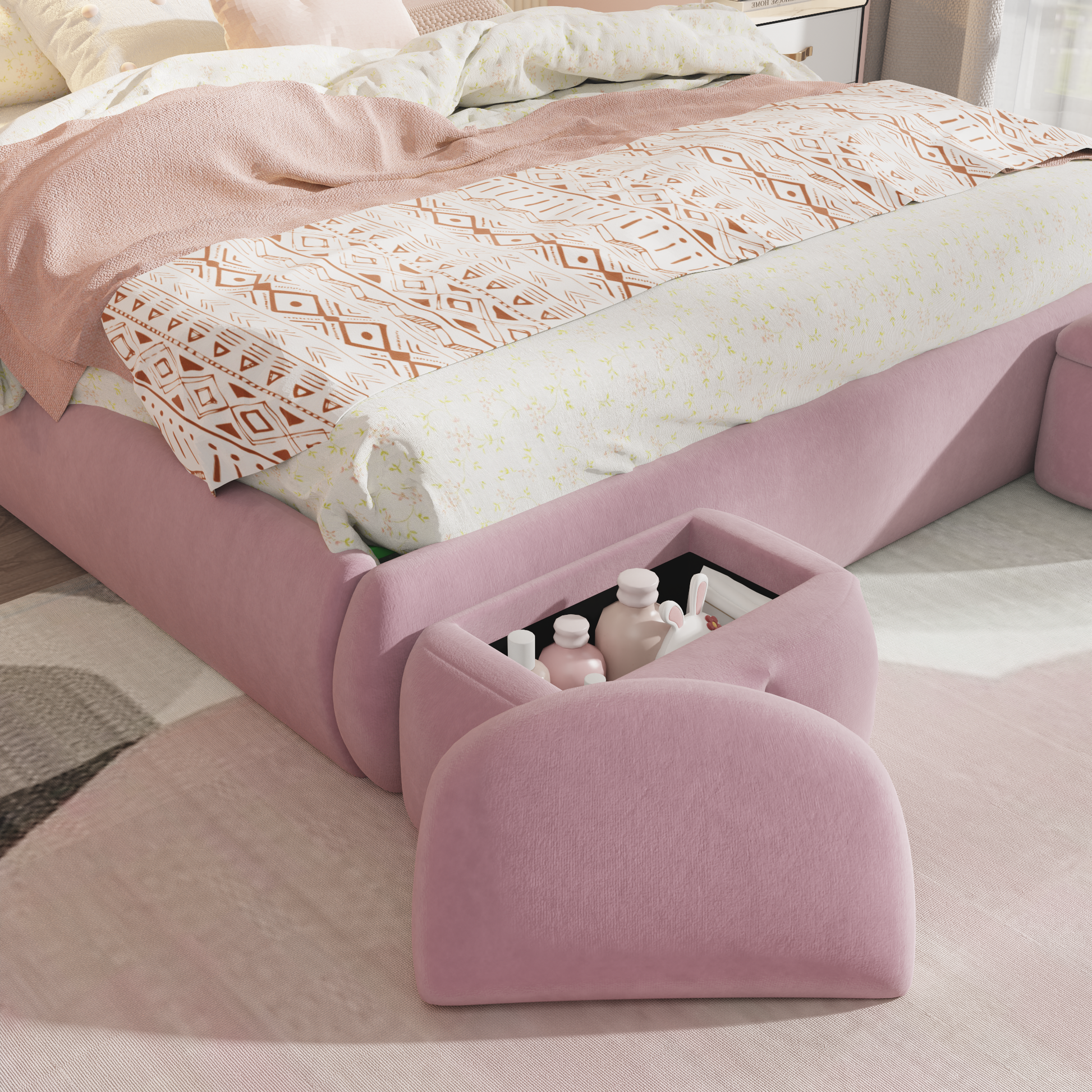 Full Size Upholstered Platform Bed With Cartoon Ears Shaped Headboard And Light, Pink Box Spring Not Required Full Pink Wood Bedroom Bed Frame Velvet Upholstered