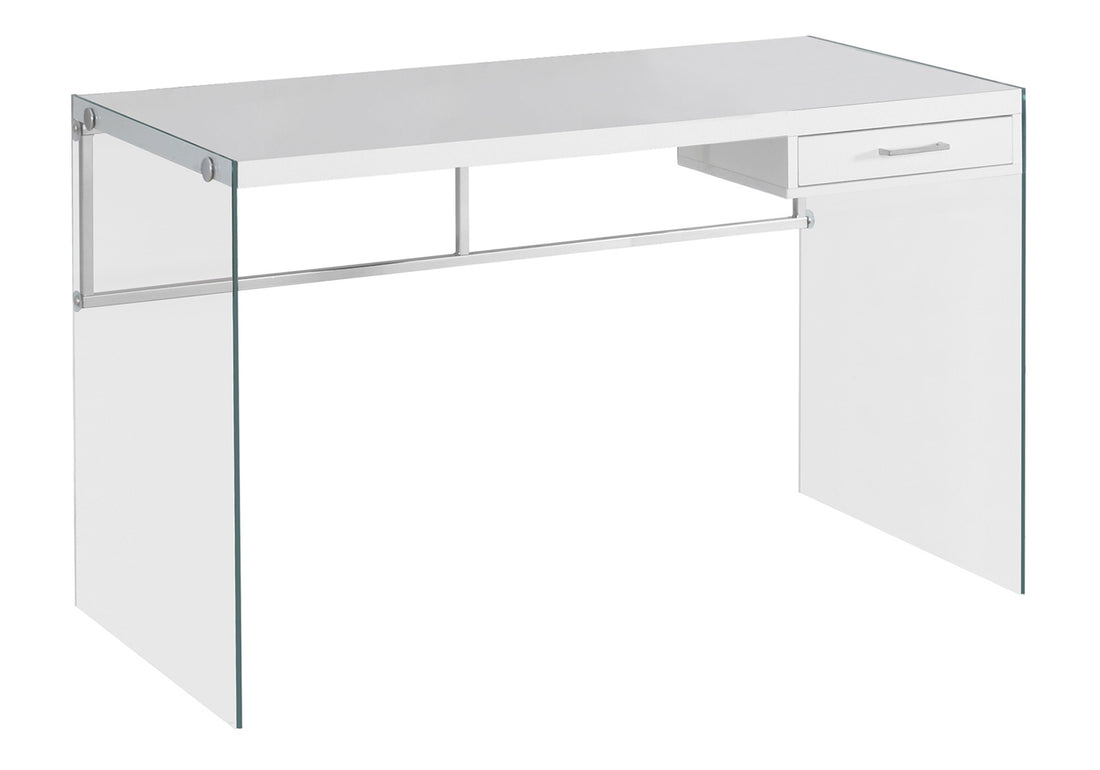 Computer Desk, Home Office, Laptop, Storage Drawers, 48"L, Work, Glossy White Laminate, Clear Tempered Glass, Contemporary, Modern White Particle Board