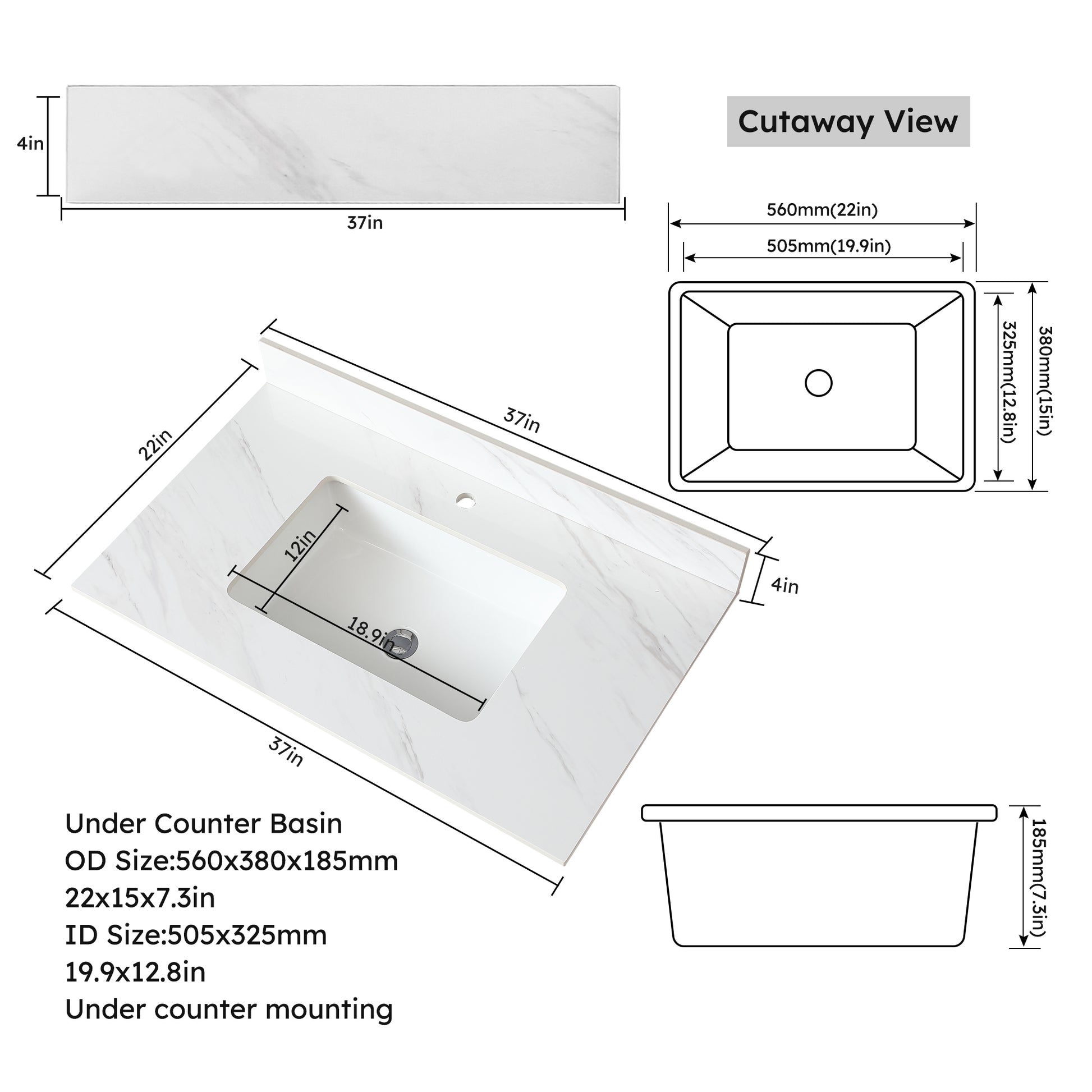 37 Inch Marble Vanity Top, White Vanity Top With Pre Drilled Faucet Holes, Bathroom Vanity Top With Undermount Rectangular Middle Sink And 4" Height Backsplash, Bianco Carrara Venato White Bathroom Sintered Stone