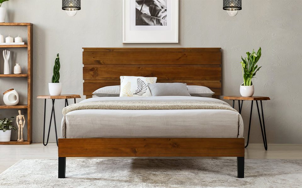 Mid Century Modern Solid Wood Bed Frame Queen Size Platform Bed With Three Piece Headboard Design, No Box Spring Needed, Brown Queen Brown Pine