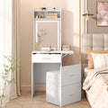 Small Vanity Desk With Mirror And Light, Dressing Table With Charging Station & Fold Up Panel For Small Space, Compact Makeup Vanity Set With Hidden Stool For Bedroom, White White Mdf,Tempered Glass