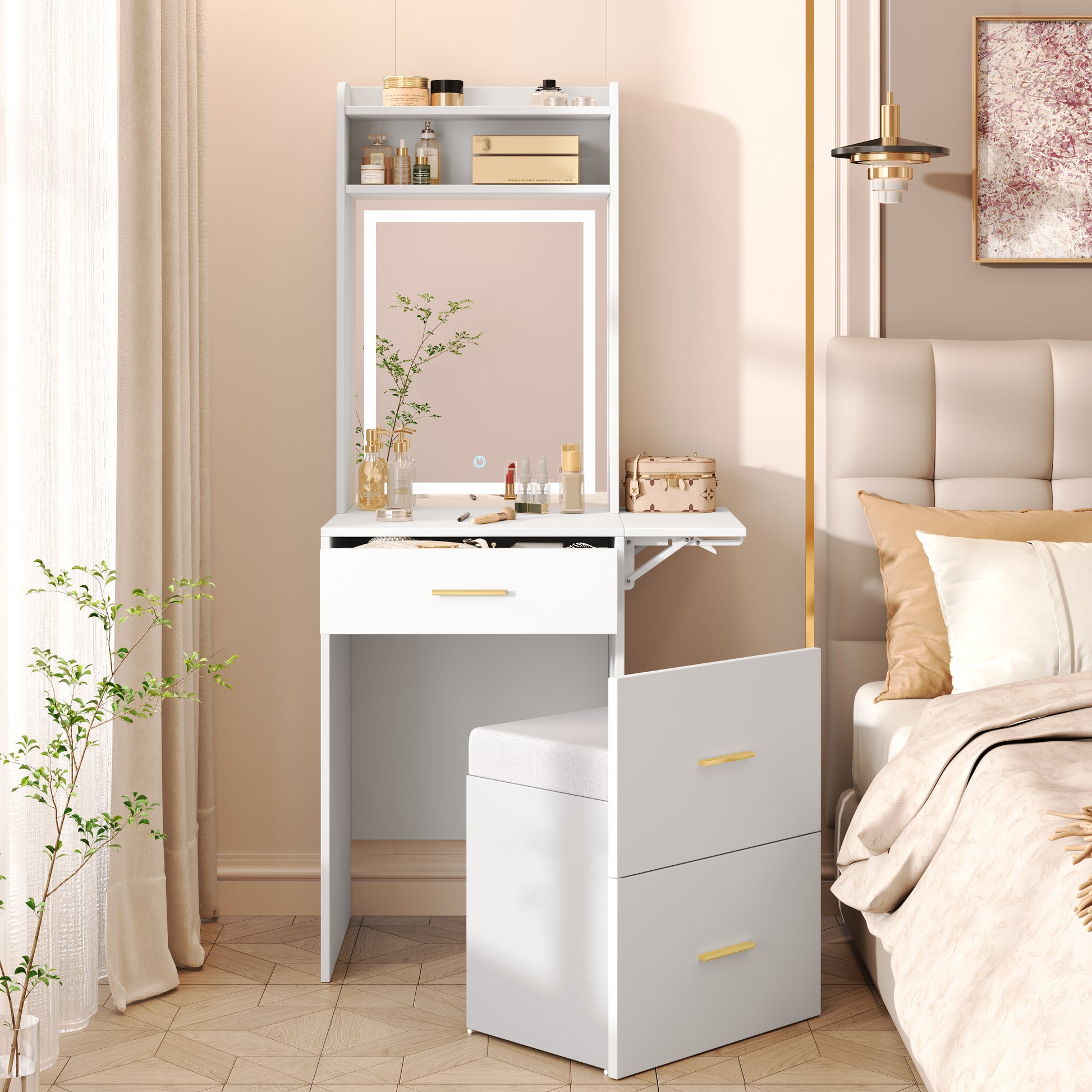 Small Vanity Desk With Mirror And Light, Dressing Table With Charging Station & Fold Up Panel For Small Space, Compact Makeup Vanity Set With Hidden Stool For Bedroom, White White Mdf,Tempered Glass