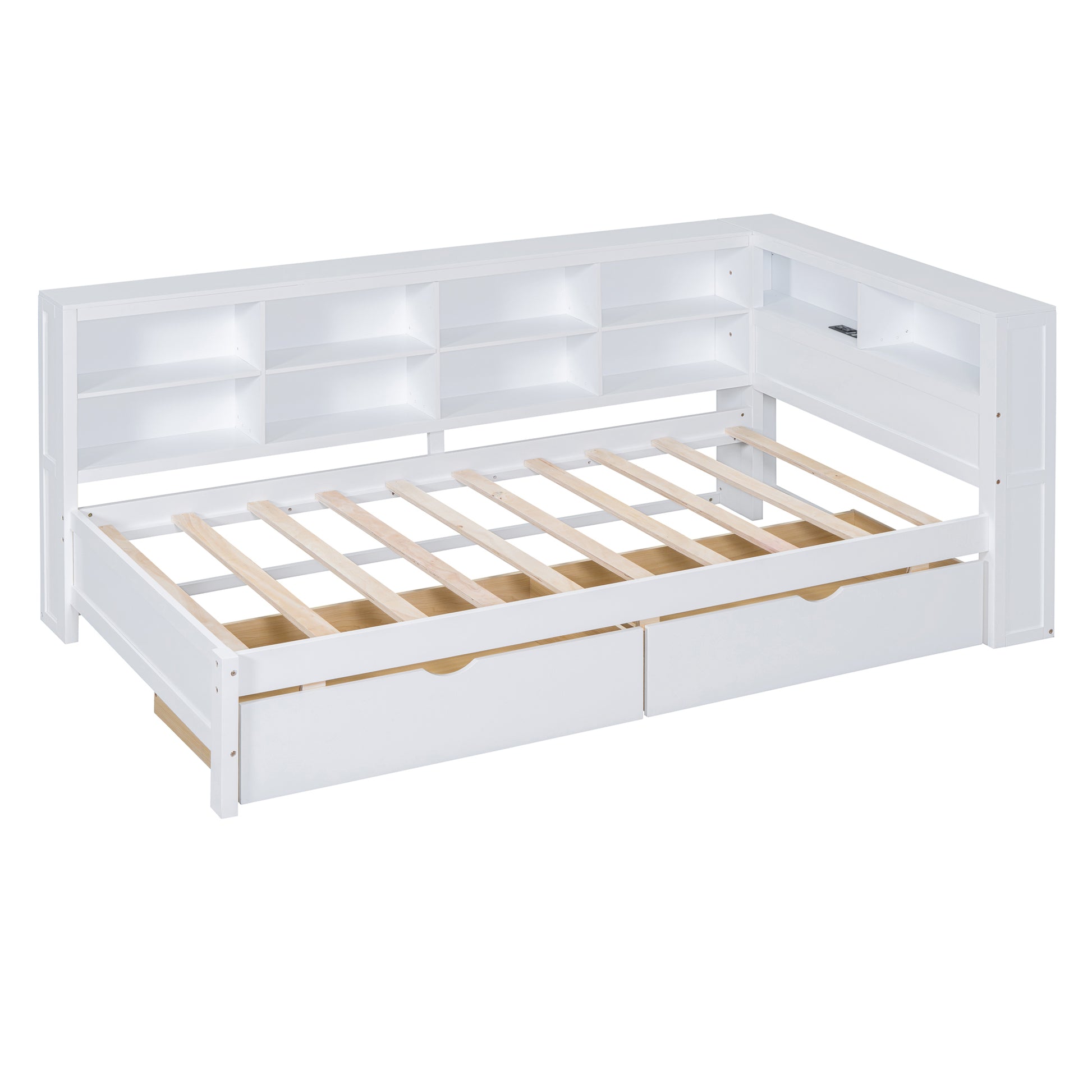 Wooden Twin Size Daybed With 2 Drawers, Daybed With Storage Shelf And Usb Charging Ports,White Twin White Wood