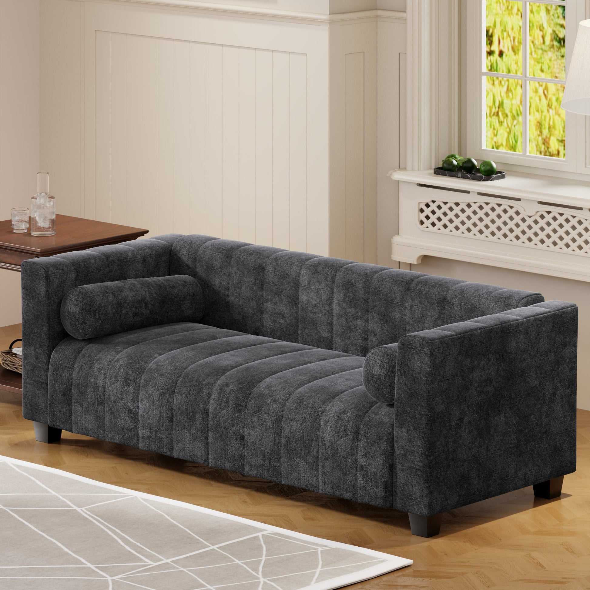 78.7''Upholstered Sofa For Living Room, Bedroom, Salon, Simplified Style Dark Gray Polyester 3 Seat