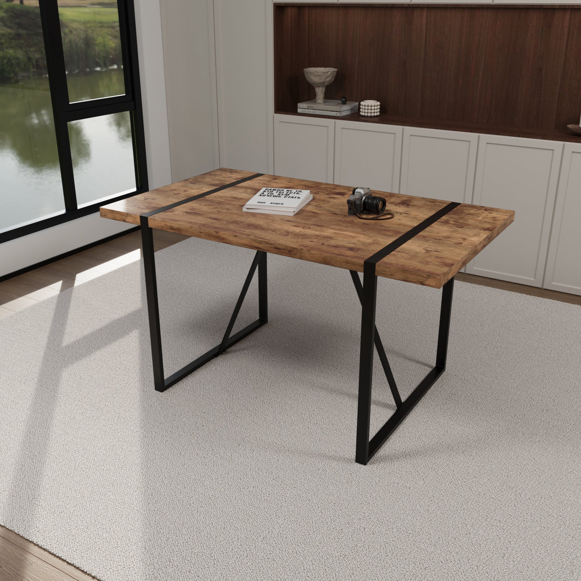 Mdf Dark Wood Dining Table And Modern Dining Chair 4 Piece Set, Medieval Wooden Kitchen Dining Table Set, Rectangular Metal Base, Dining Table And Suede Chair Brown Green Mdf