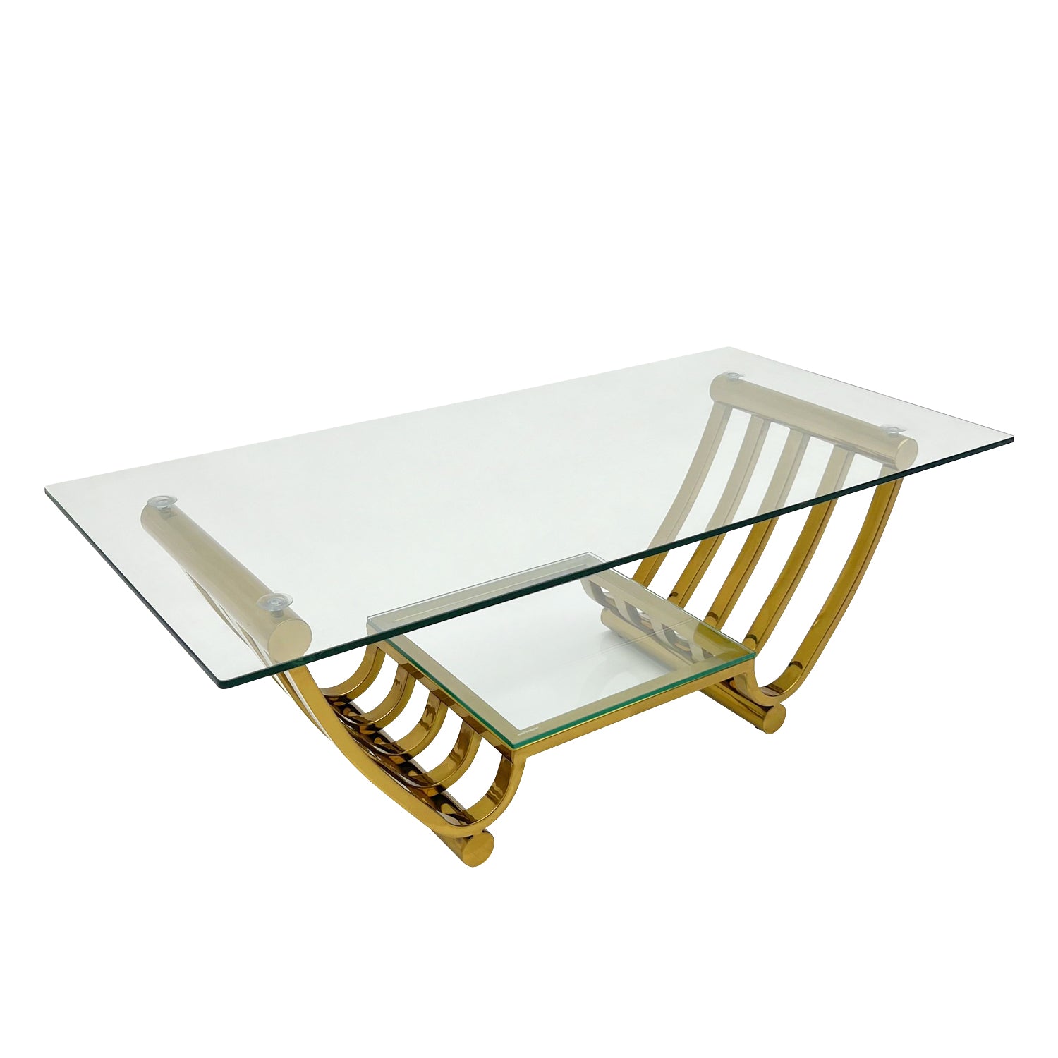 47" Rectangle Modern Stainless Steel Coffee Table, Double Layer Clear Tempered Glass Coffee Table, Center Table Table With Storage, For Living Room Home Office, Easy Assembly, Gold Clear,Gold Modern