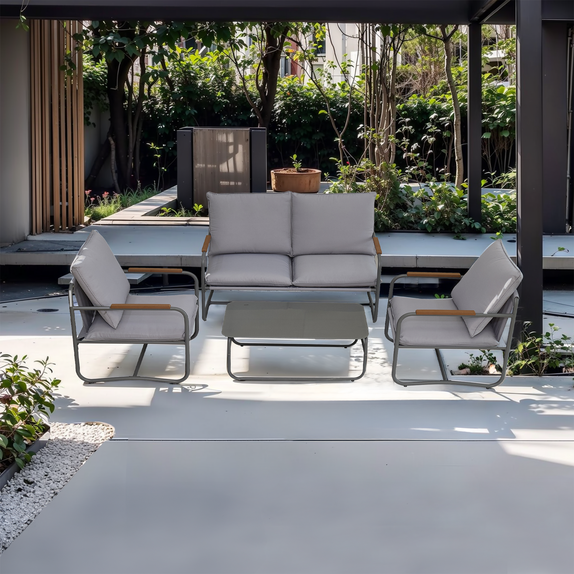 4 Piece Outdoor Patio Furniture Sets, Patio Conversation Set With Removable Seating Cushion, Courtyard Patio Set For Home, Yard, Poolside Gray Aluminum