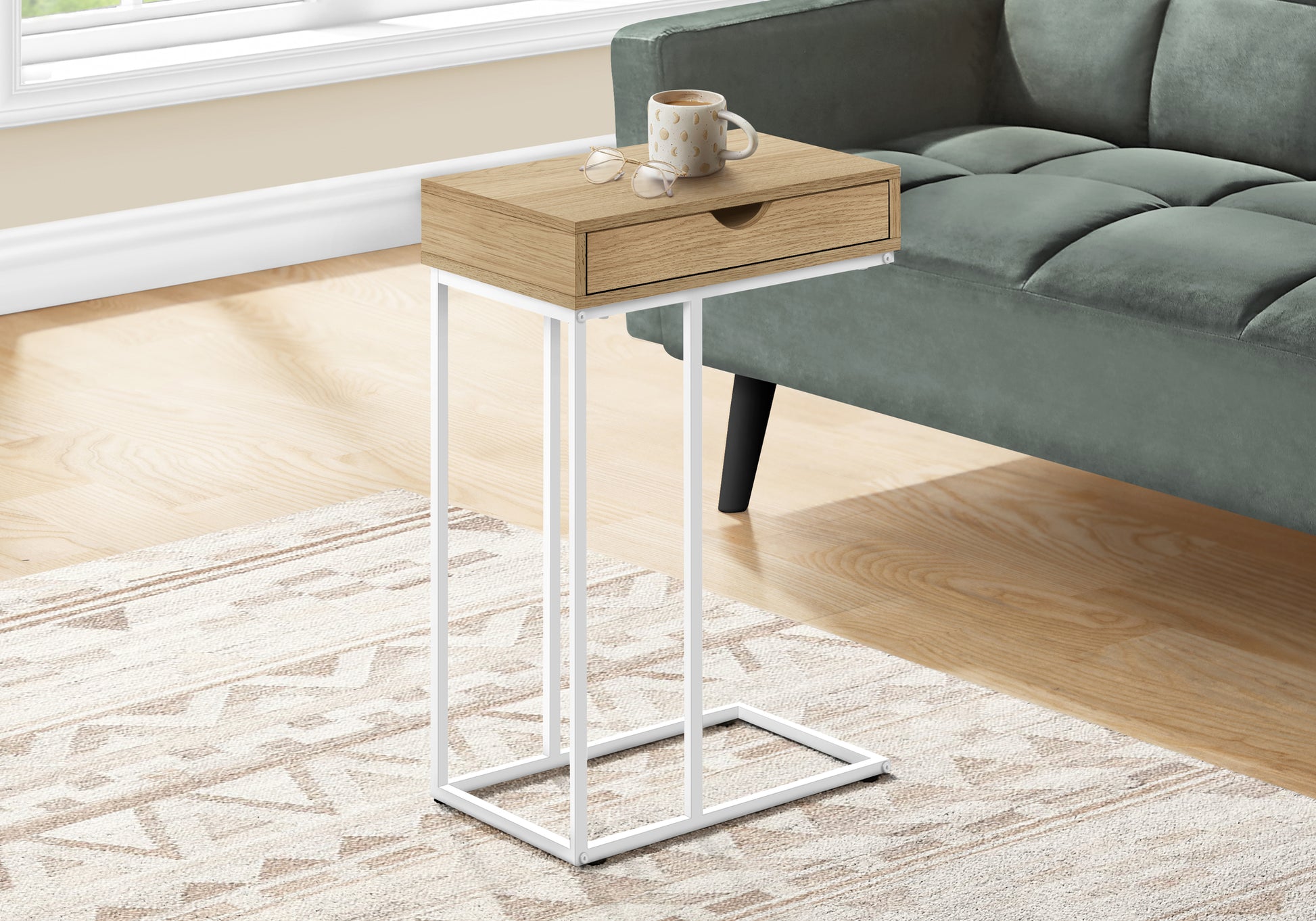 Accent Table, C Shaped, End, Side, Snack, Storage Drawer, Living Room, Bedroom, Natural Laminate, White Metal, Contemporary, Modern Natural Particle Board