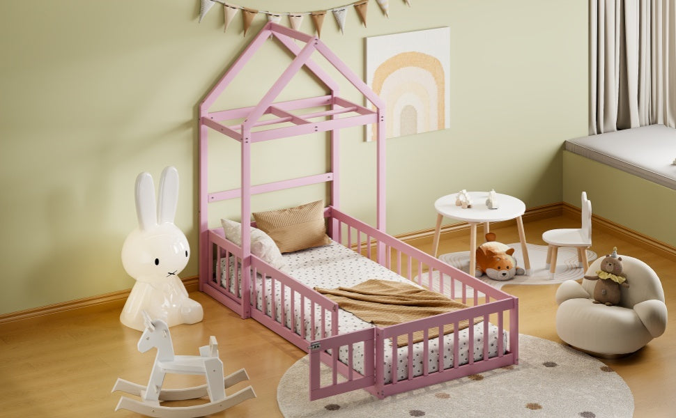 Wooden Floor Bed With Fence Railings And Detachable House Shape Headboard, Twin Size Bed With Kids Dress Up Rack, Kids Montessori Style Playhouse Frame For Girls Boys, Pink Twin Pink Wood