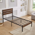 Twin Size Bed Frame With Wood Headboard, Metal Frame With Strong Slats, Noise Free,No Box Spring Needed Brown Twin Brown Metal & Wood