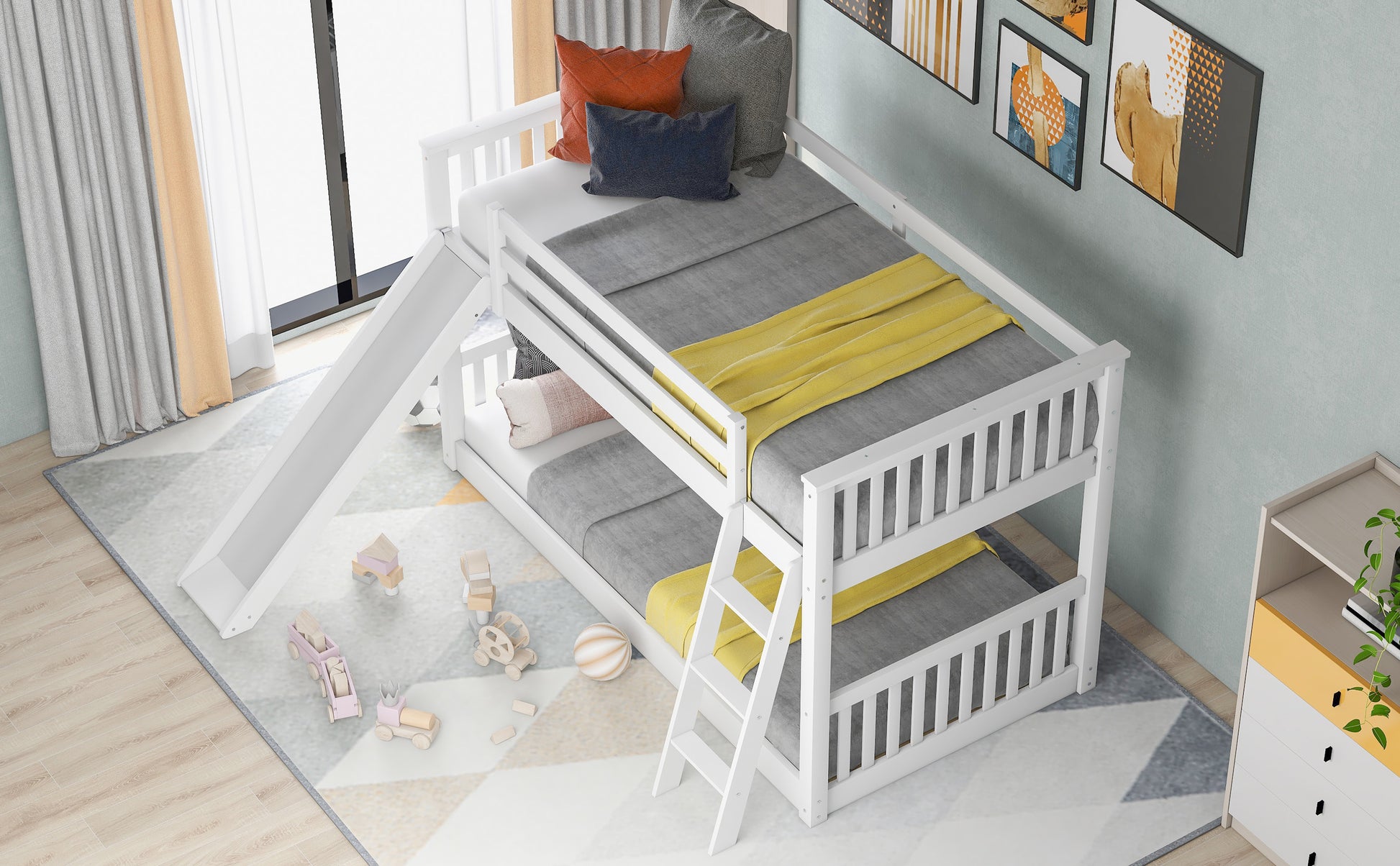 Twin Over Twin Bunk Bed With Convertible Slide And Ladder, White Old Sku: Sm000213 Box Spring Not Required Twin White Wood Bedroom Bunk Pine