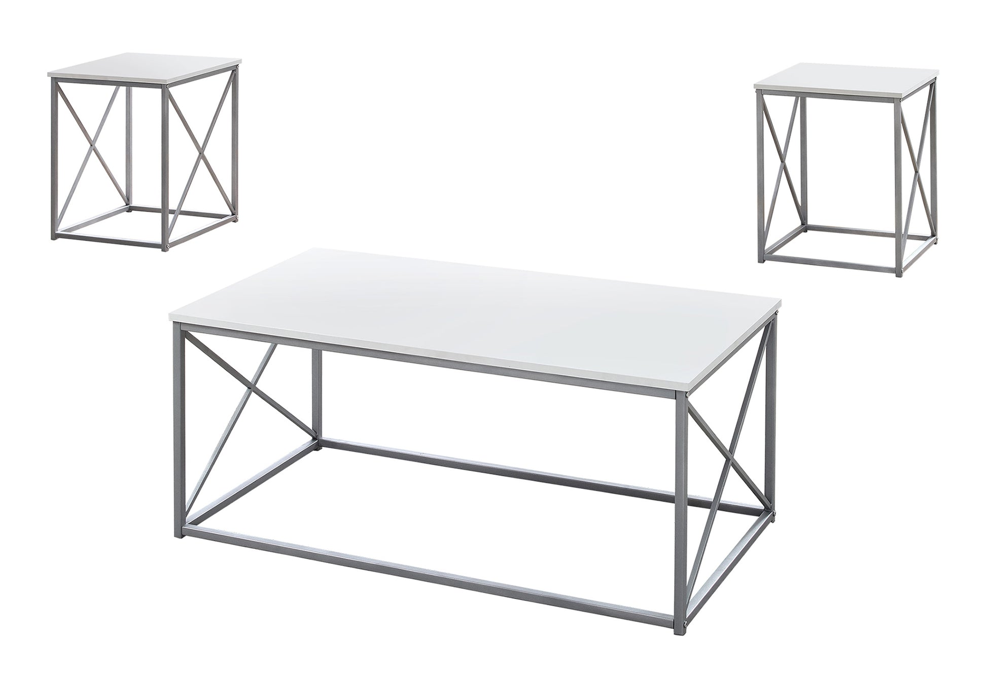 Table Set, 3Pcs Set, Coffee, End, Side, Accent, Living Room, White Laminate, Grey Metal, Contemporary, Modern White Mdf