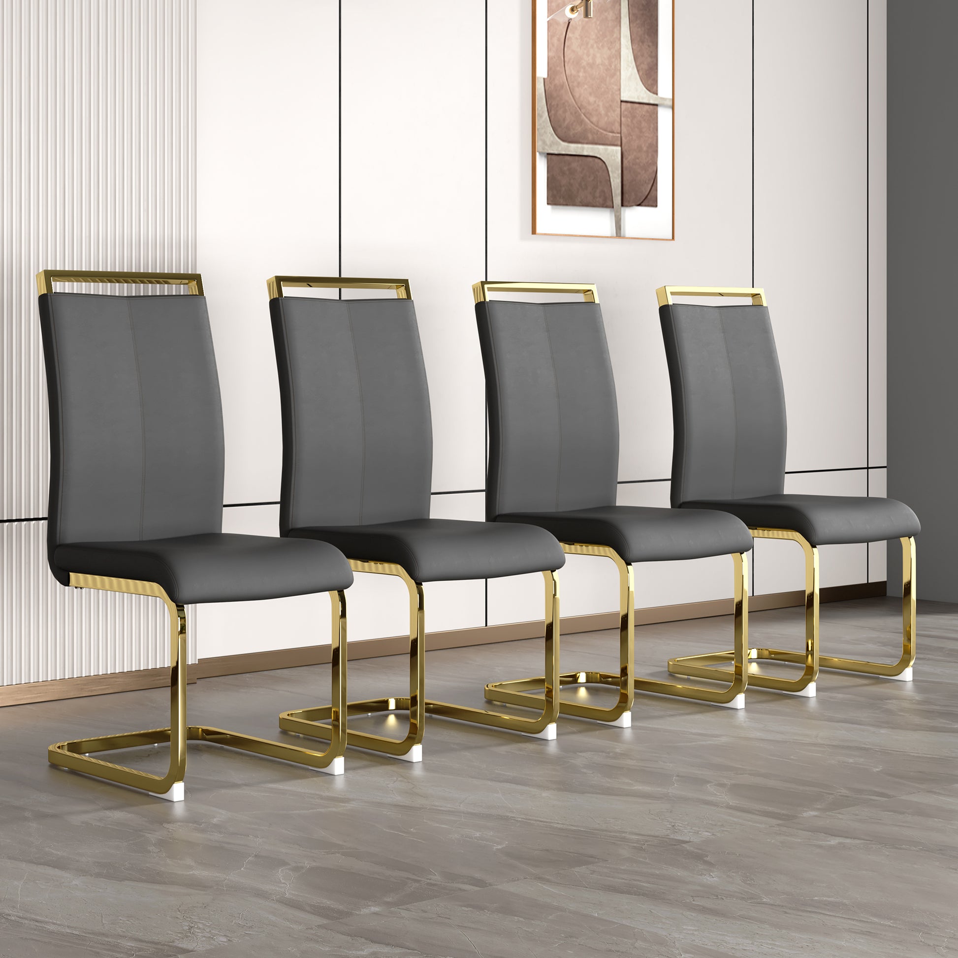 Table And Chair Set,Modern Minimalist Rectangular Dining Table, 0.4 Inch Thick, With A Black Imitation Marble Pattern Desktop And Black Mdf Legs. Comfortable Pu Seats,Perfect For Dinner, Meet Grey Black Seats 4 Mdf Glass