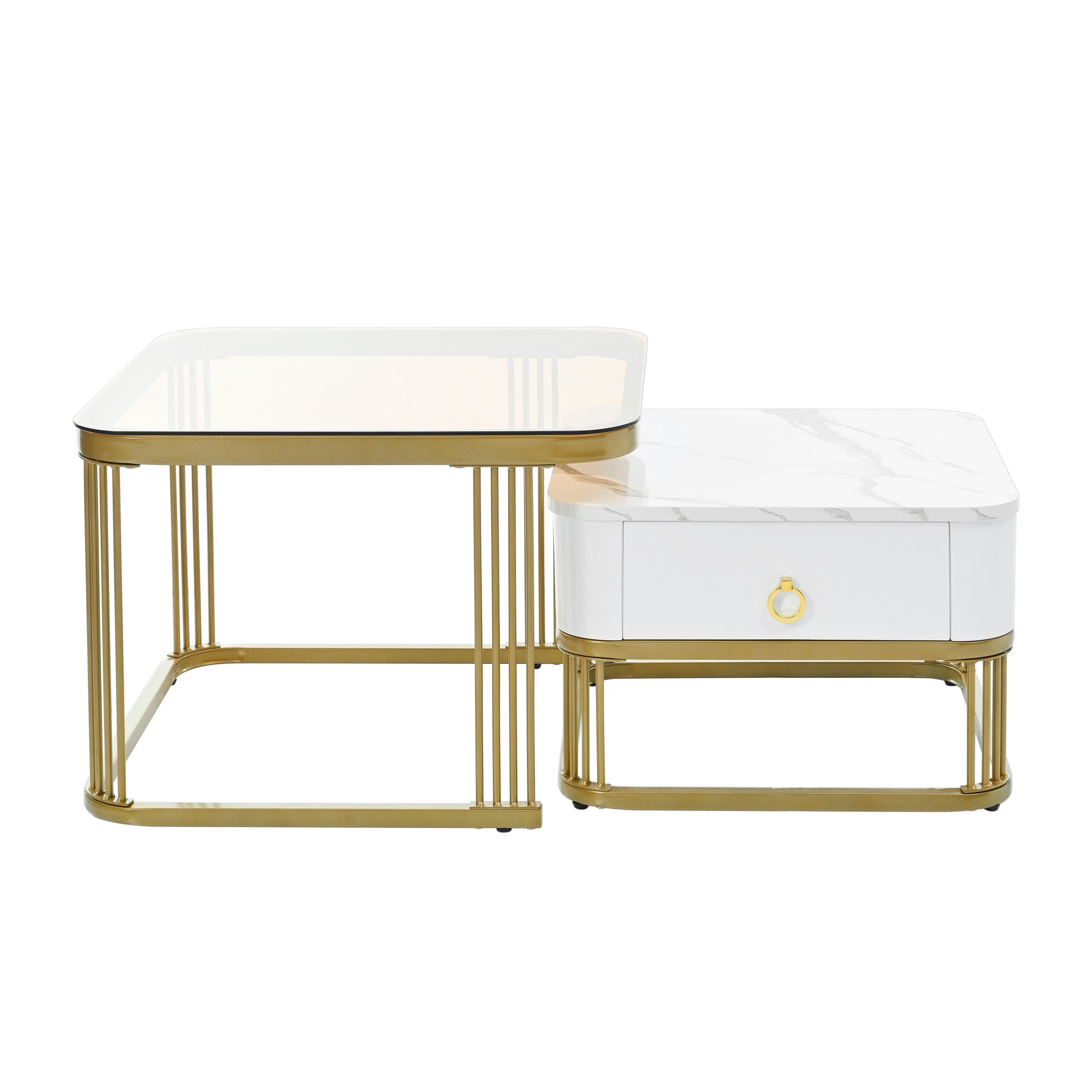 Nesting Coffee Table With Drawer, Set Of 2, Exquisite Square Stacking Coffee Tables With Brown Tempered Glass, Side Table With High Gloss Marble Grain Tabletop For Living Room, White White Gold Primary Living Space Drawers Square Mdf Steel