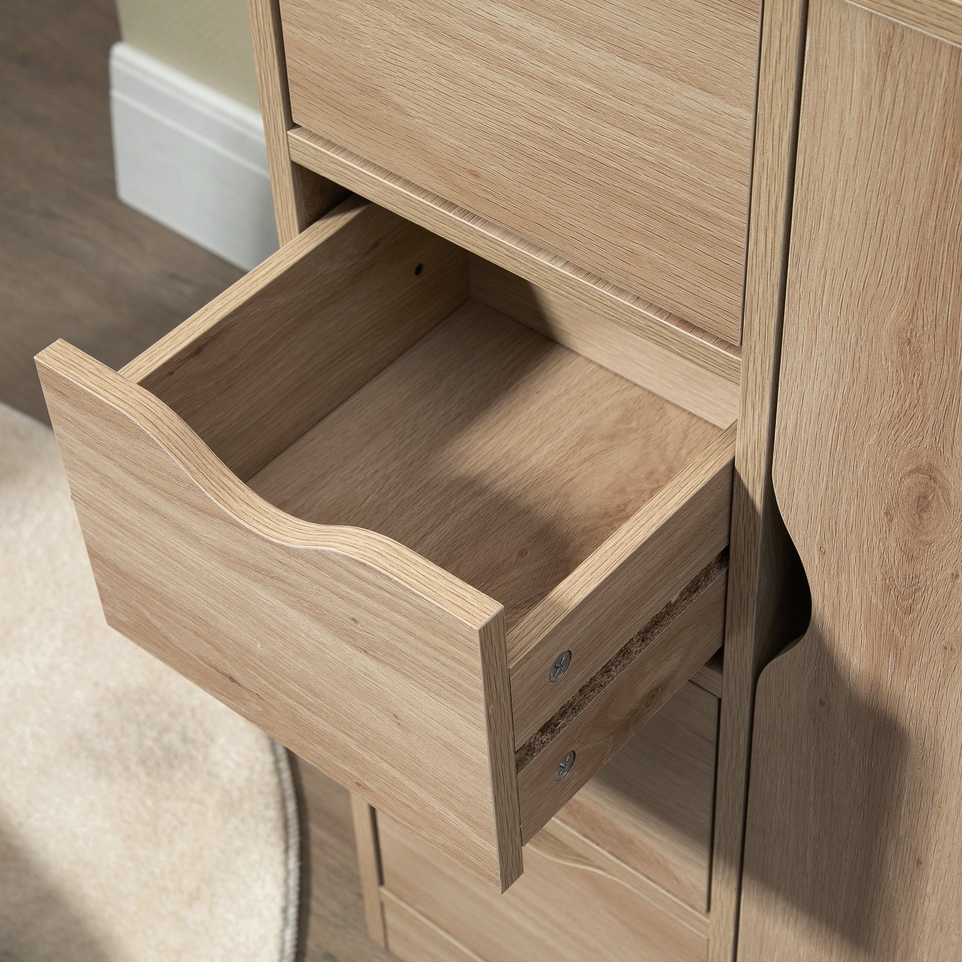 Homcom Freestanding Storage Cabinet, Bathroom Floor Cabinet With 4 Drawers And Door, Oak Oak Engineered Wood