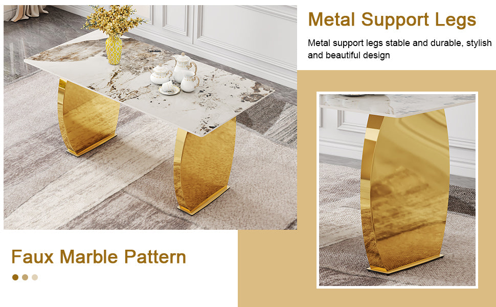 Table And Chair Set, Rock Plate Table Top, Gold Metal Table Legs, Stable And Beautiful, Suitable For Most Home Styles. Modern Simple Dining Table, Comfortable Seating. Gold Black Seats 4 Sintered Stone