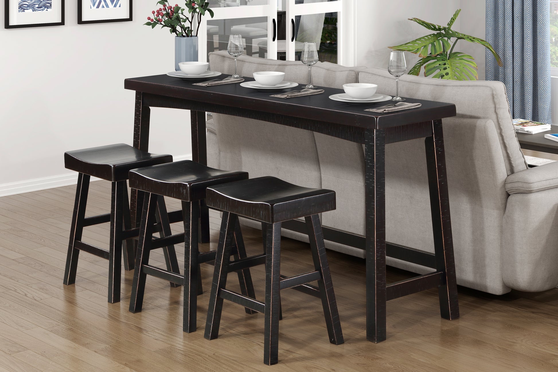 Transitional Design Counter Height Stools Set Of 2Pcs, Black Finish Solid Rubberwood Furniture Black Dining Room Transitional Set Of 2 Solid Wood