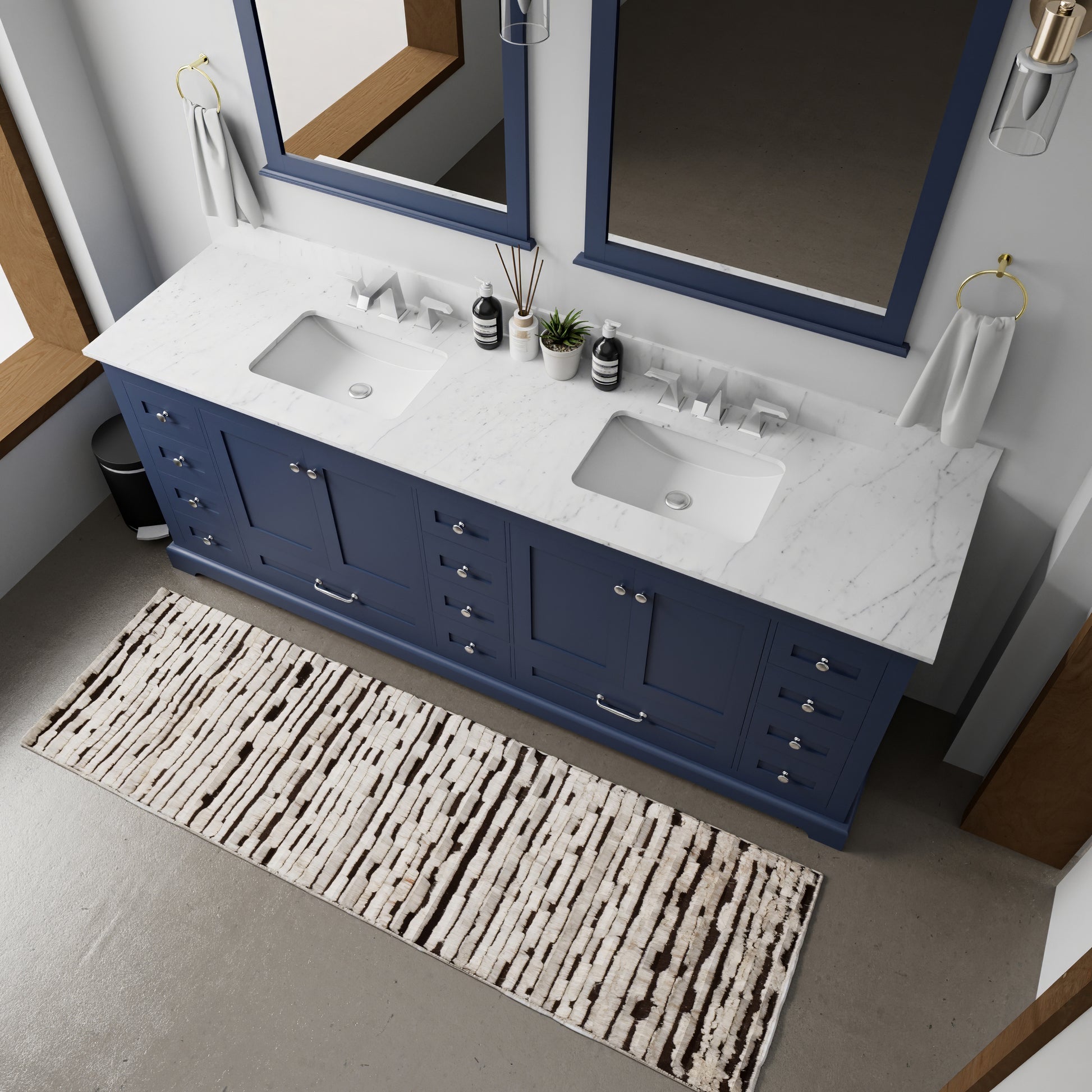 Navy Blue Double Bath Vanity 84 In. W X 22 In. D, With Carrara Marble Top Navy Blue Plywood Wood