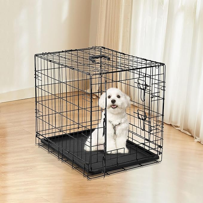 Folding Metal Wire Dog Crate, 24 Inch Durable, Foldable, Collapsible Double Door Dog Crate With Removable Leak Proof Pan, Portable Dogs Crate With Divider, Black Black Iron