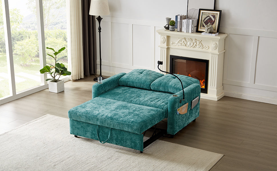 53.9" Modern Loveseat Pull Out Sofa Bed With Adjustable Backrest, Two Cup Holdersa Phone Holder, Three Charging Ports And Side Storage Pockets For Living Room, Teal Teal Foam Chenille