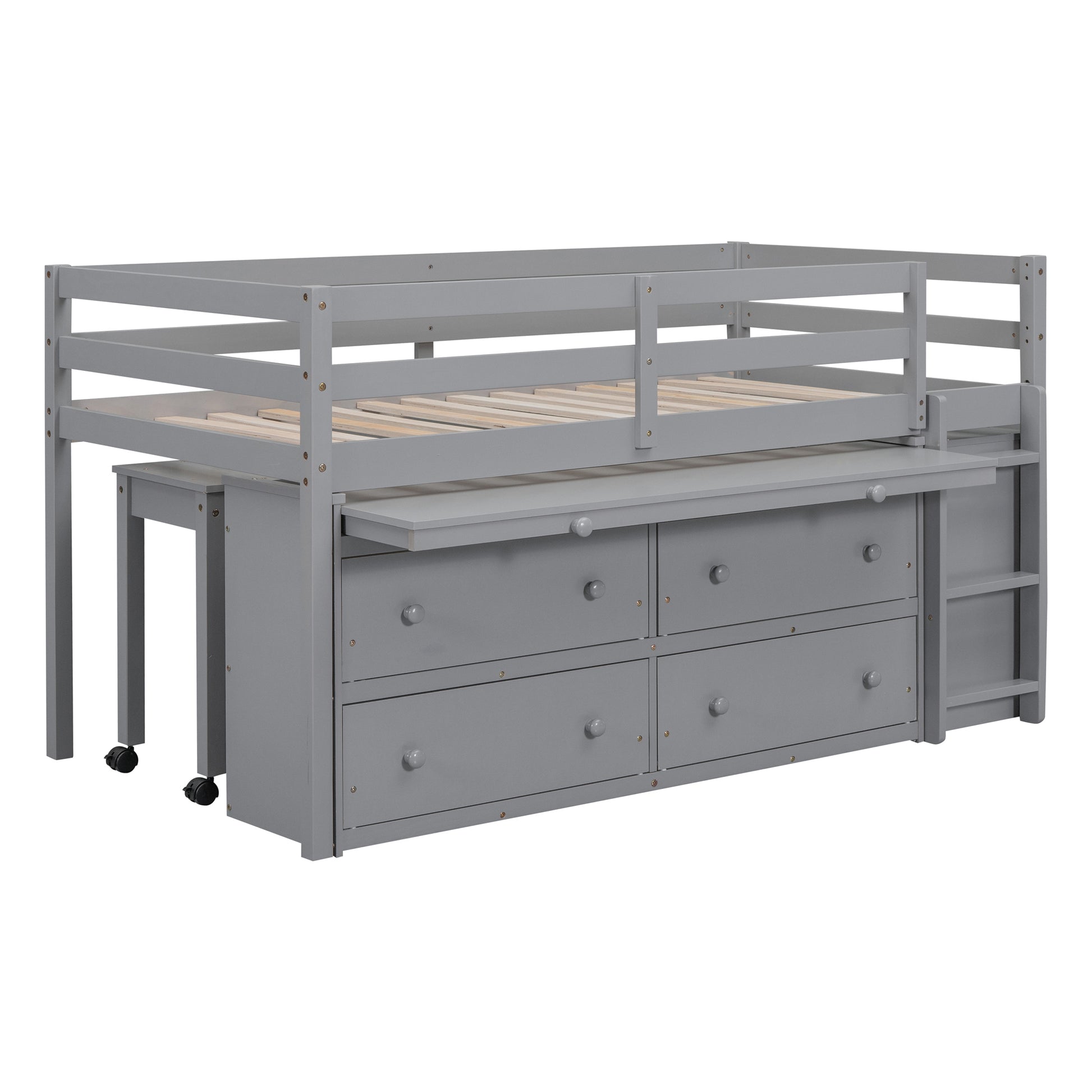 Twin Size Loft Bed With Retractable Writing Desk And 4 Drawers, Wooden Loft Bed With Lateral Portable Desk And Shelves, Gray Gray Solid Wood Mdf