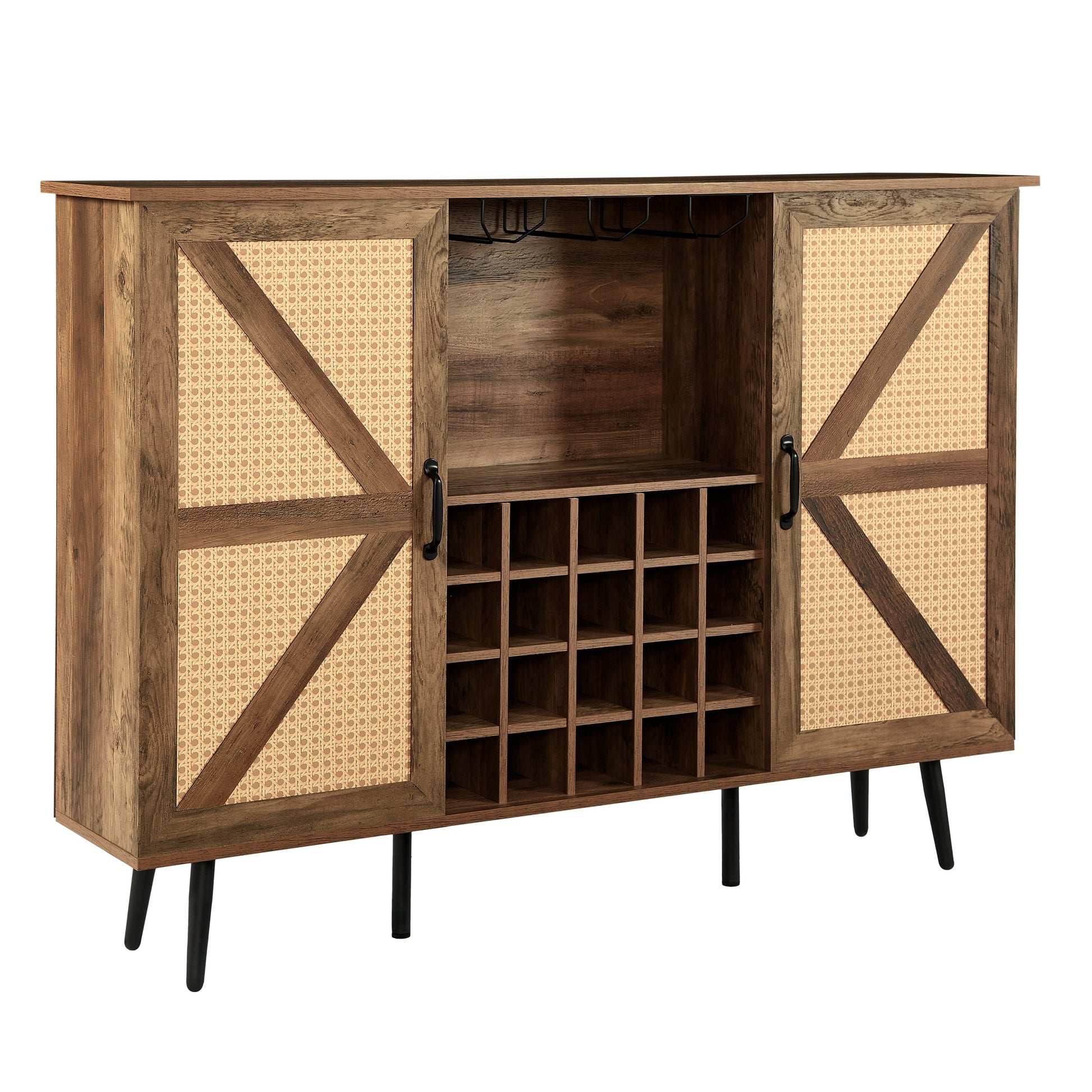 Oak Color Faux Rattan Barn Door Wine Cabinet With Wine Rack And Wine Glass Rack, Double Door Design With Removable Shelves, Rustic Wood Storage Cabinet Oak Particle Board Mdf