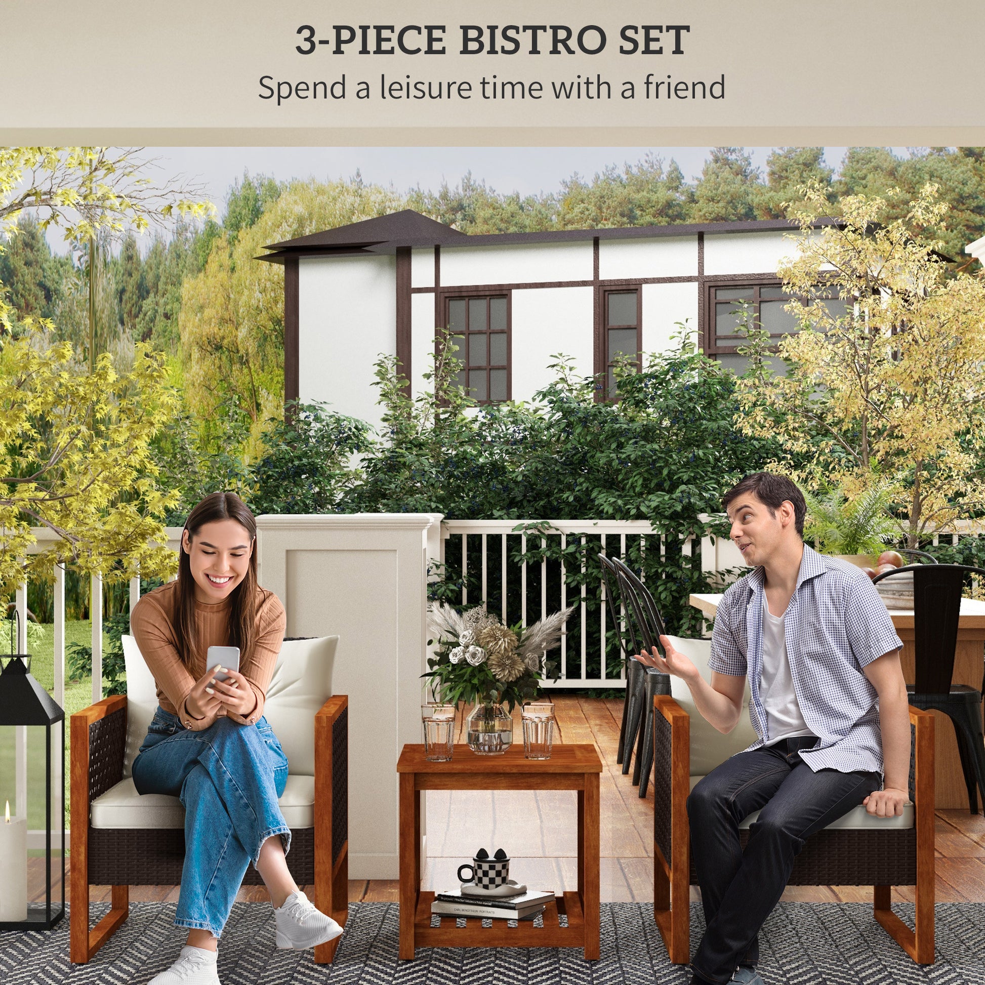Outsunny 3 Pieces Patio Bistro Set Wooden With Cushions, Pe Wicker Patio Furniture Outdoor For Porch, Backyard, Garden, Brown Brown Rattan Metal