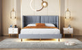 Queen Size Upholstered Platform Bed With Led Lights And U Shaped Headboard, Linen Fabric, Gray Queen Gray Wood Metal