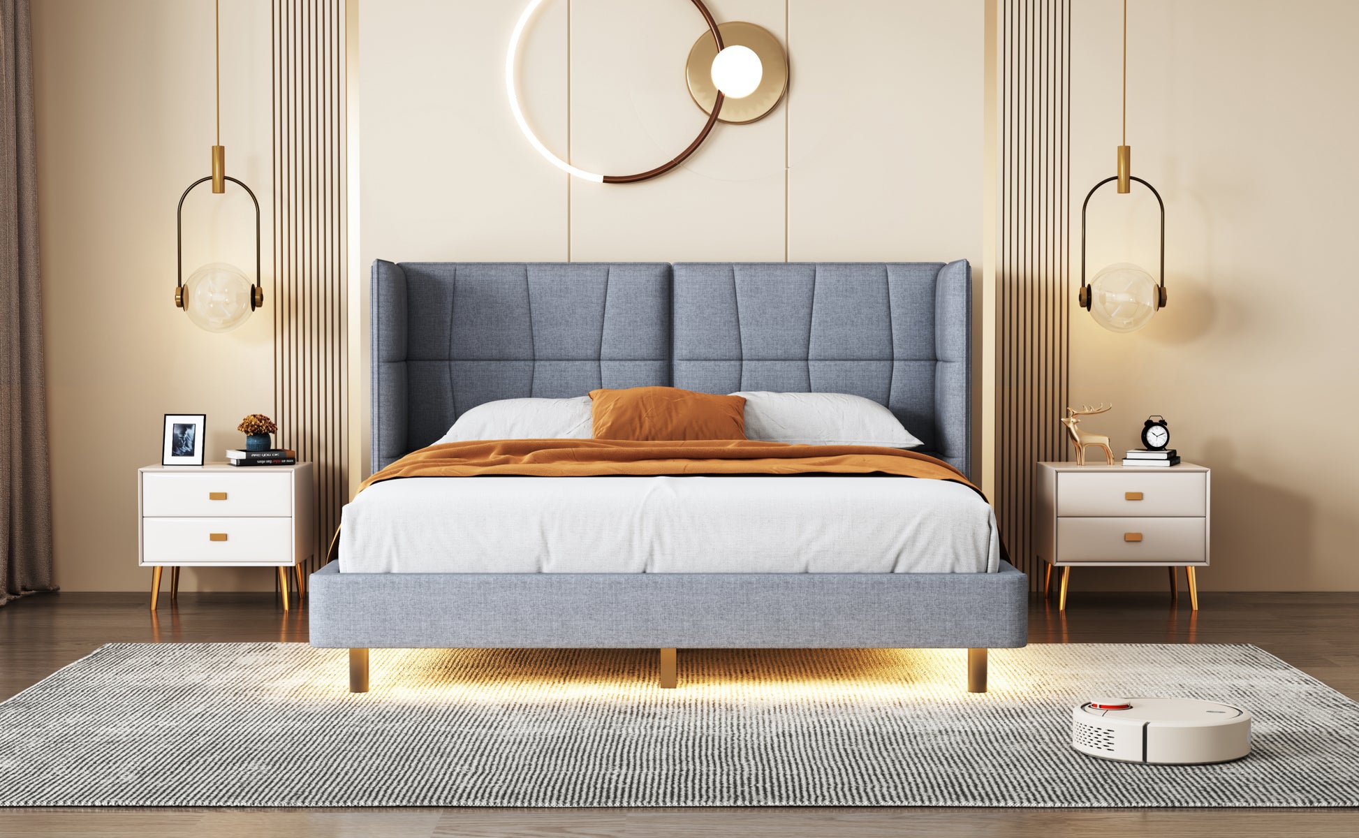 Queen Size Upholstered Platform Bed With Led Lights And U Shaped Headboard, Linen Fabric, Gray Queen Gray Wood Metal