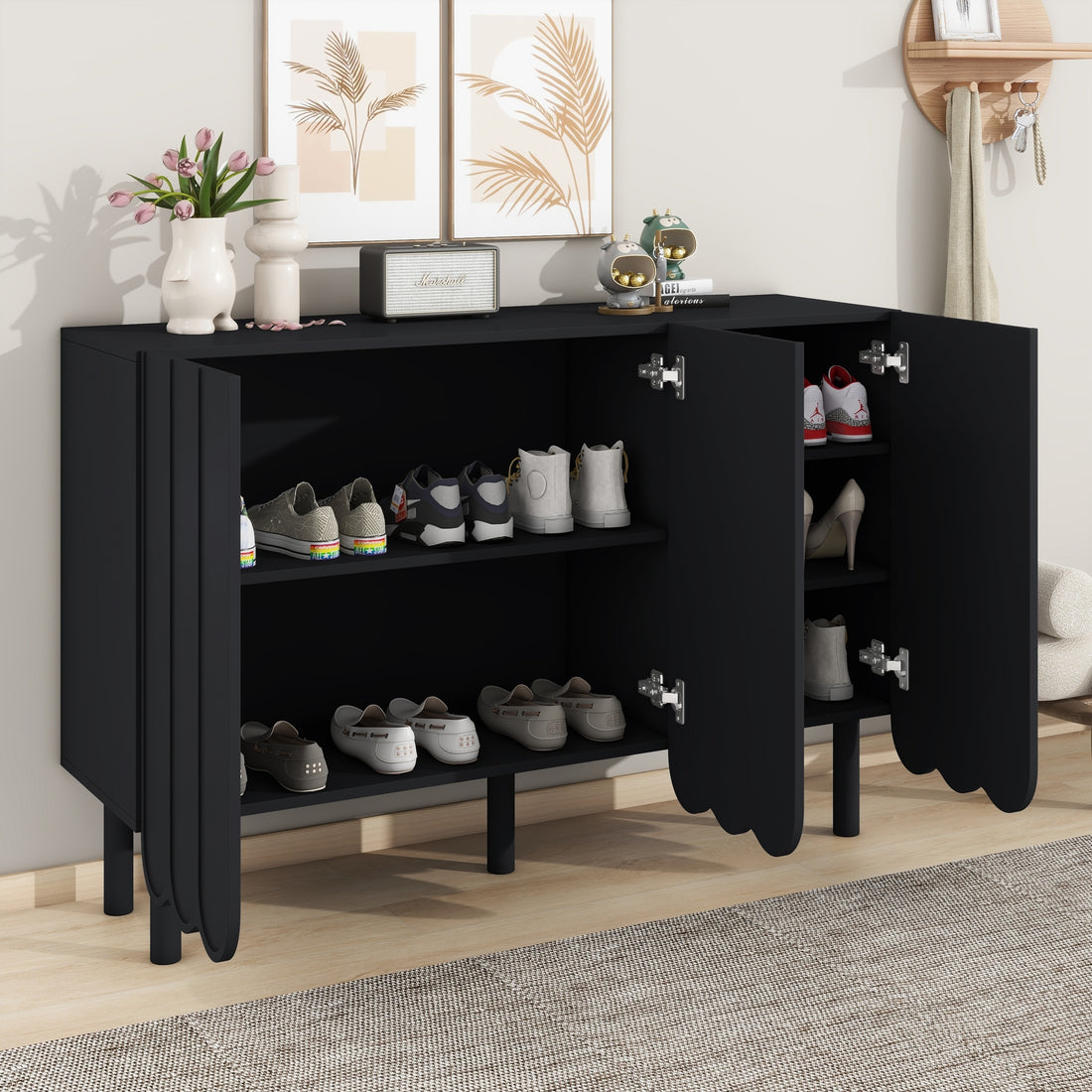 Cream Style Minimalist Shoe Cabinet With 5 Solid Wood Legs, Sideboard Buffet Cabinet With Adjustable Shelves, Large Storage Cabinet With Wave Doors For Living Room, Black Black Mdf