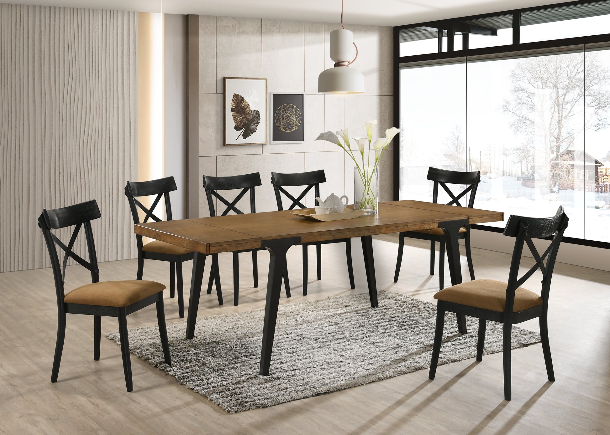 Walnut And Black Extendable Dining Table With 2 Leaf Walnut Black Seats 6 Dining Room Modern Rectangular Wood Metal