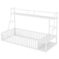 Twin Size Floor Bed Frame With Safety Fence, Metal Floor Bed With Desk And Storage Shelves, Playhouse For Kids, White Twin Off White Metal