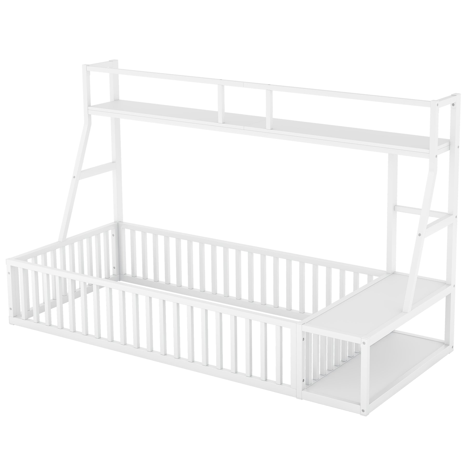Twin Size Floor Bed Frame With Safety Fence, Metal Floor Bed With Desk And Storage Shelves, Playhouse For Kids, White Twin Off White Metal