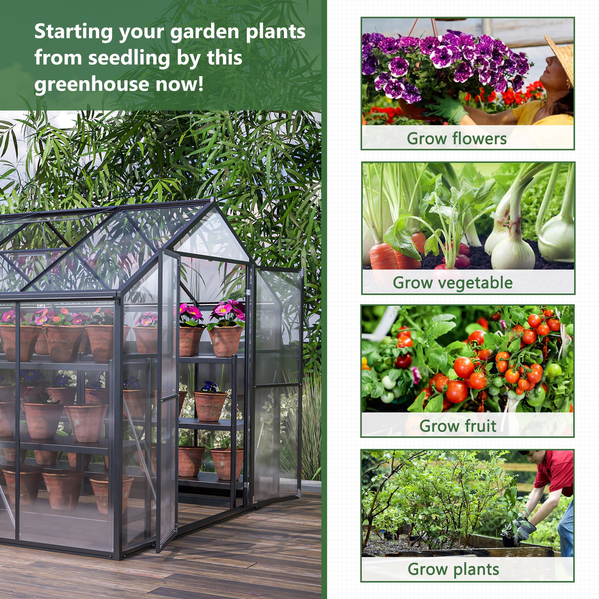 8' X 12' Outdoor Greenhouse, Heavy Duty Polycarbonate Greenhouse, Large Walk In Greenhouse With Double Doors And Two Ventilation Windows, Aluminum Greenhouse For Outdoor Greenhouse Garden Backyard