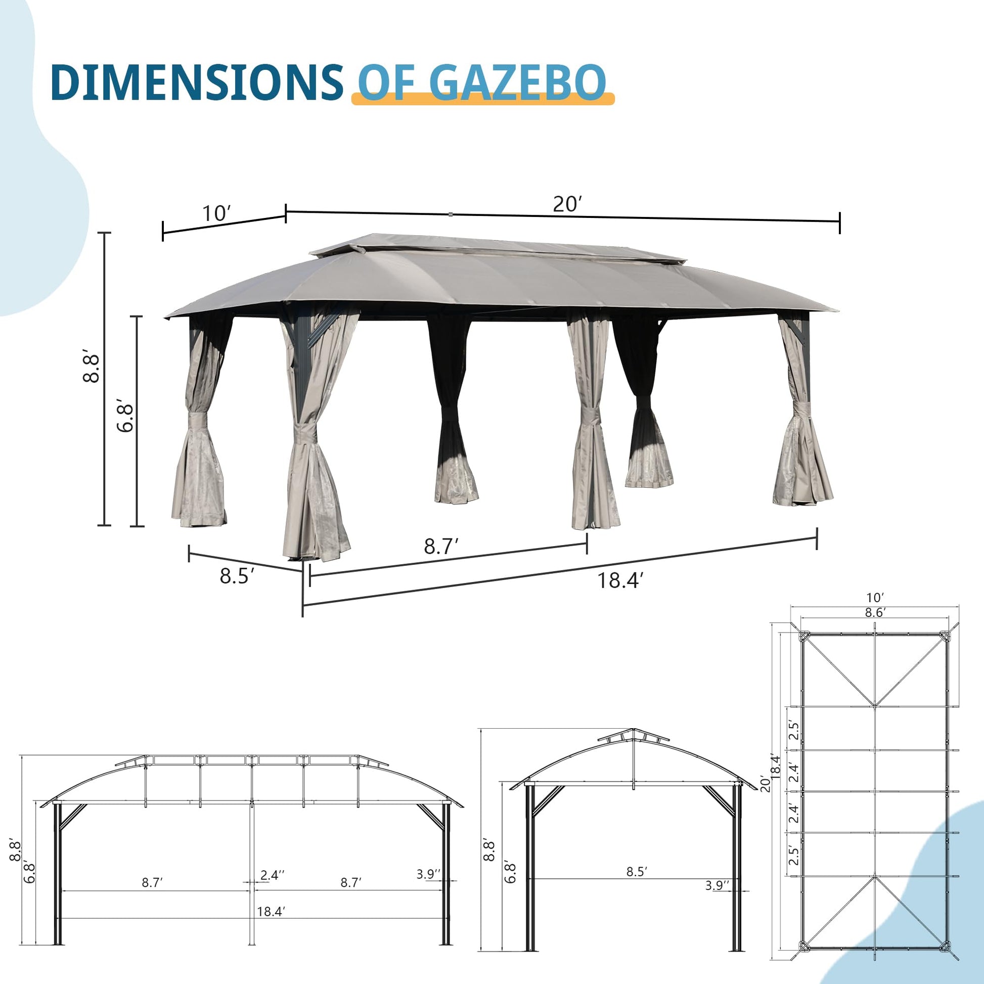 Gazebo 10X20Ft, Outdoor Gazebo With Double Roofs, Privacy Curtains, Mosquito Nettings, Heavy Duty Metal Frame Party Tent Canopy For Patio, Backyard, Deck, Lawn, Grey Gray Garden & Outdoor Uv