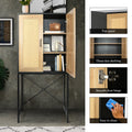 59'' High Elegant Cabinet With 2 Rattan Doors Bedroom Living Room Kitchen Cupboard Wooden Furniture With 3 Tier Shelving X Shaped Supporting Bars Easy Assembly Nature Color Natural Particle Board