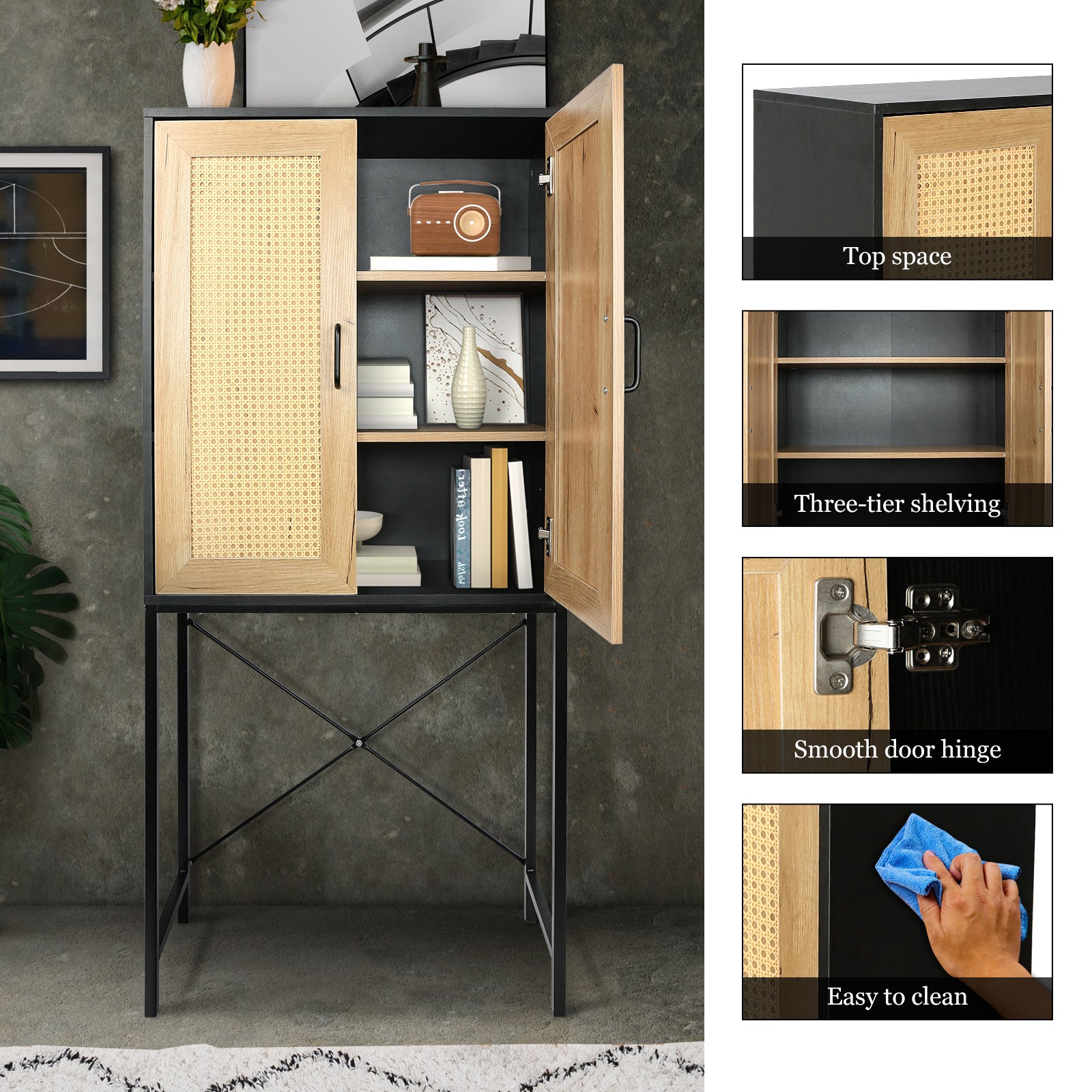 59'' High Elegant Cabinet With 2 Rattan Doors Bedroom Living Room Kitchen Cupboard Wooden Furniture With 3 Tier Shelving X Shaped Supporting Bars Easy Assembly Nature Color Natural Particle Board