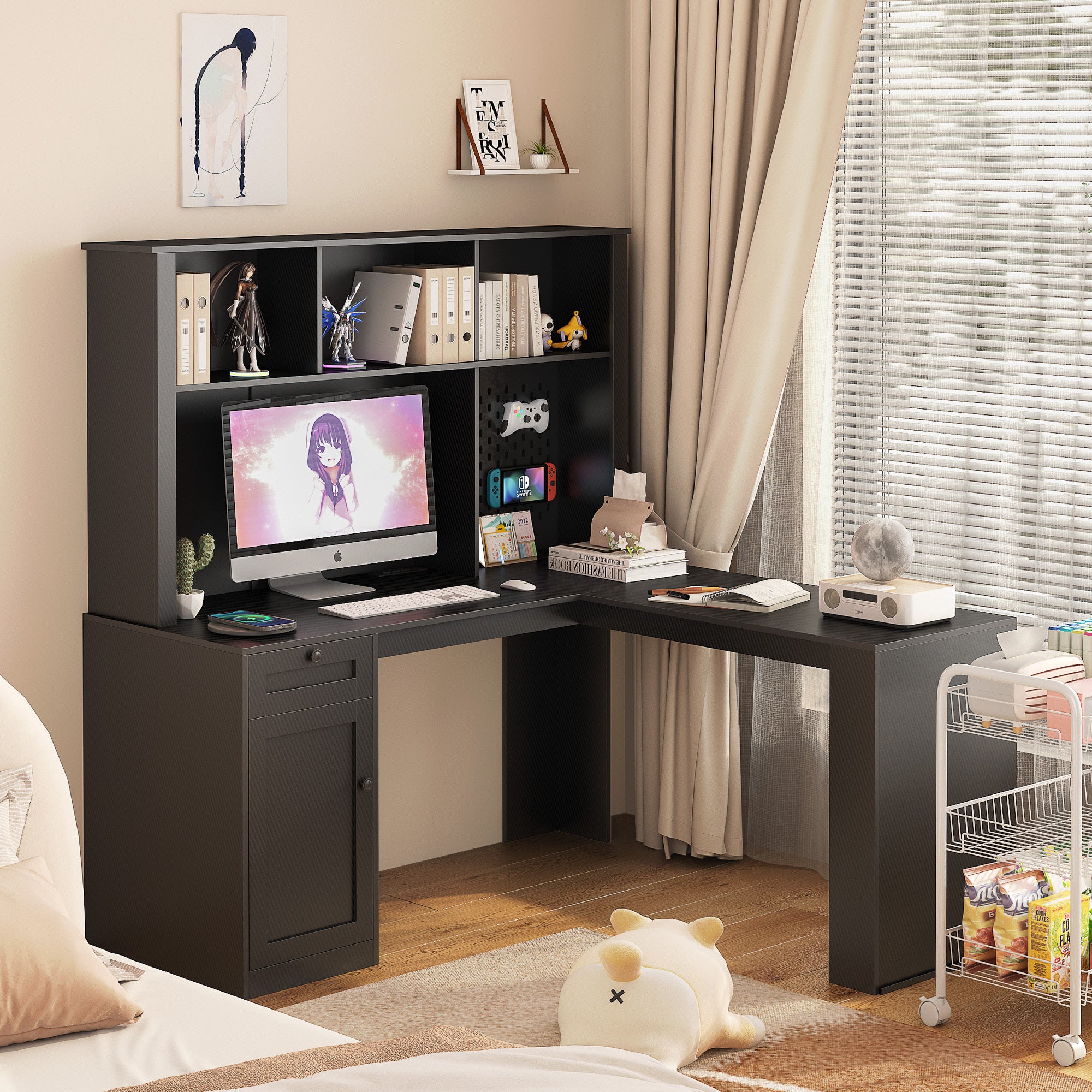 L Shaped Desk With Charger,Computer Desk With Drawers,Bookshelf & Hutch,Modern Corner Desk,Home Office Desk,L Shaped Study Table Writing Desk,Corner Gaming Computer Desk With Storage Black Mdf