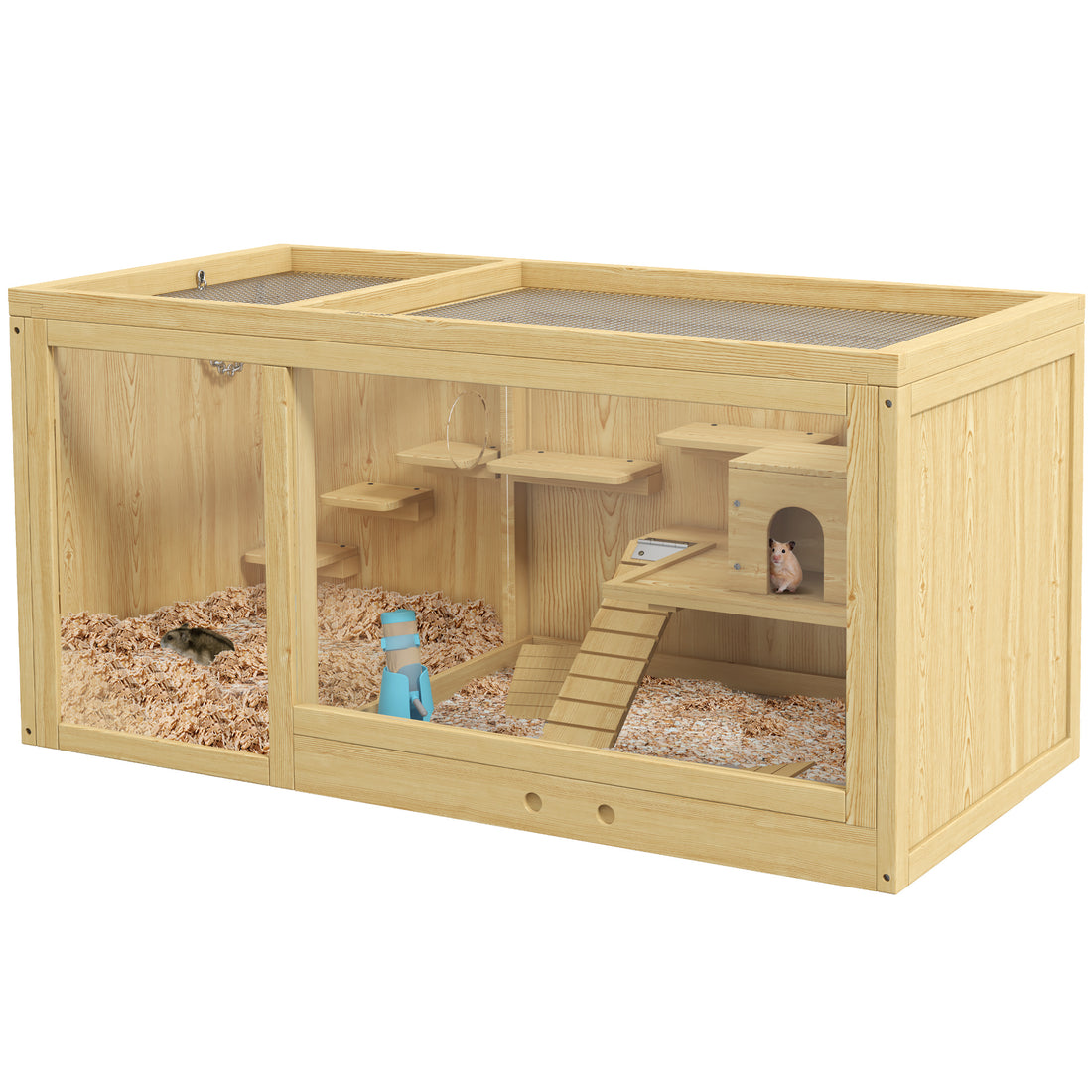 Pawhut Wooden Hamster Cage, Extra Large Gerbil Cage, Multi Layer Small Animal Cage For Dwarf Hamster, Activity Center With Pull Out Tray, Seesaws, Water Bottle, Ladder, Openable Top Natural Wood