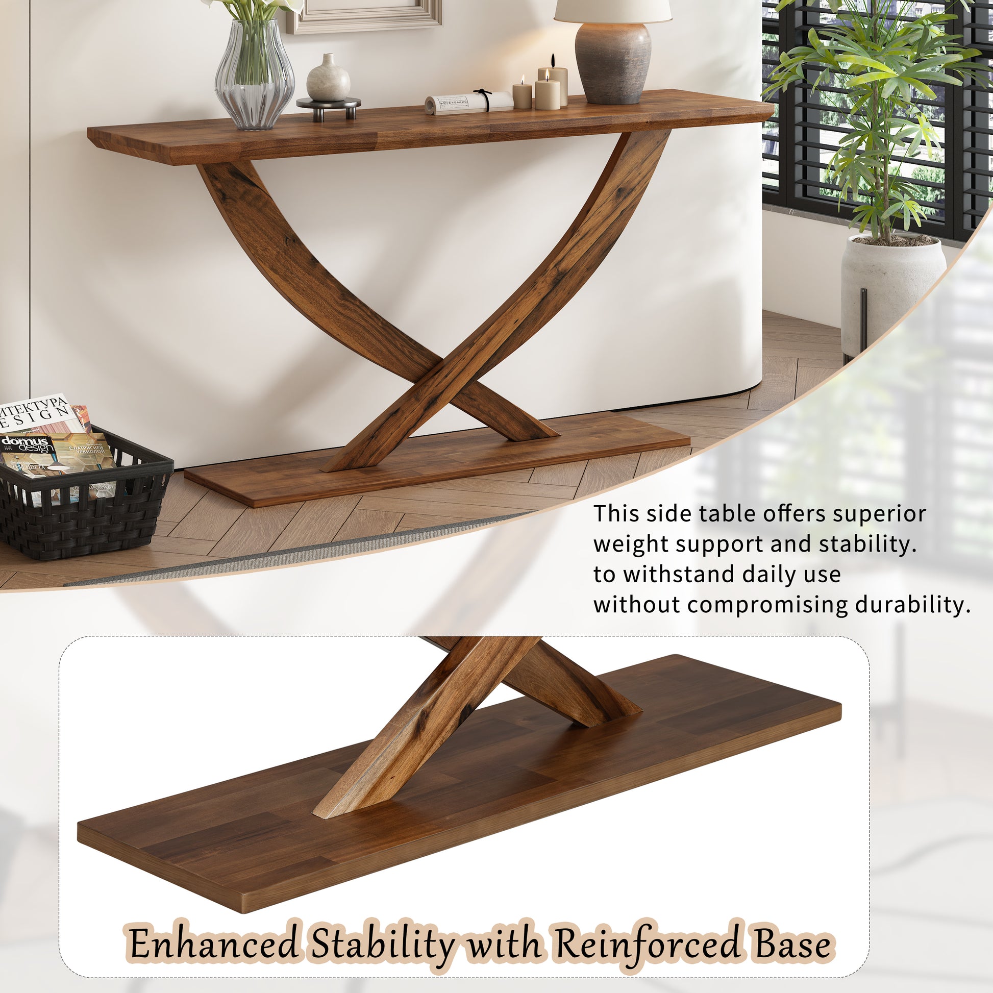 Mirod 57'' Modern Rustic Console Table With Cross Leg Design,Sturdy Construction And Large Surface Space,Perfect For Living Room Or Bedroom Brown Mdf Acacia