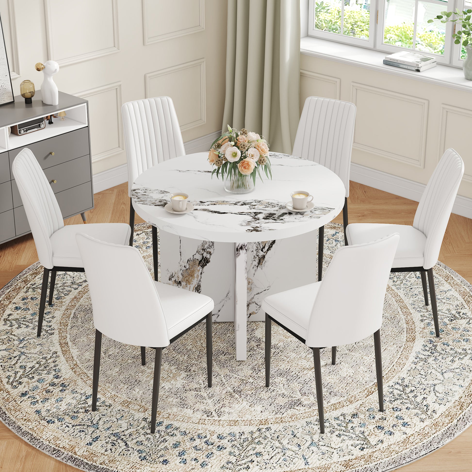 7 Piece Round Dining Table Set, 42 Inch Modern Round Table And 6 Upholstered Chairs For Dining Room, Kitchen Room, Living Room, Easy Assembly Metal White 42 Inches Modern Trestle Round Mdf Mdf