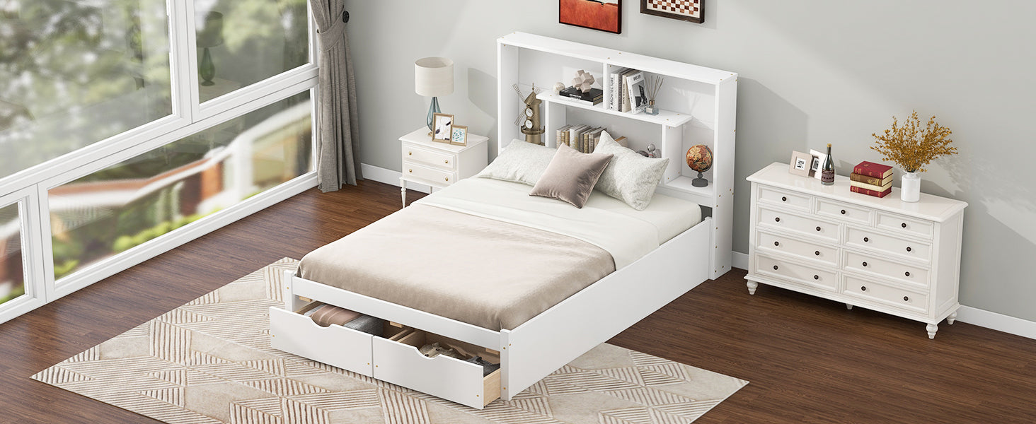 Full Size Platform Bed With Storage Headboard And 2 Drawers, White Box Spring Not Required Full White Wood Bedroom Bed Frame Solid Wood Mdf